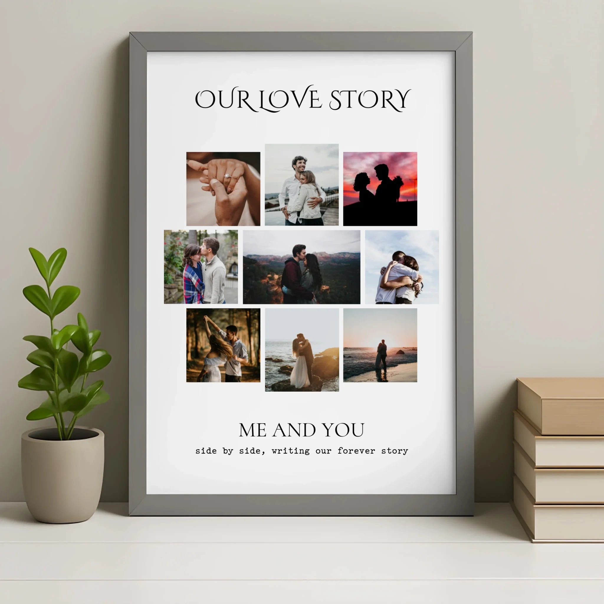 Grey framed custom love story photo collage print with names
