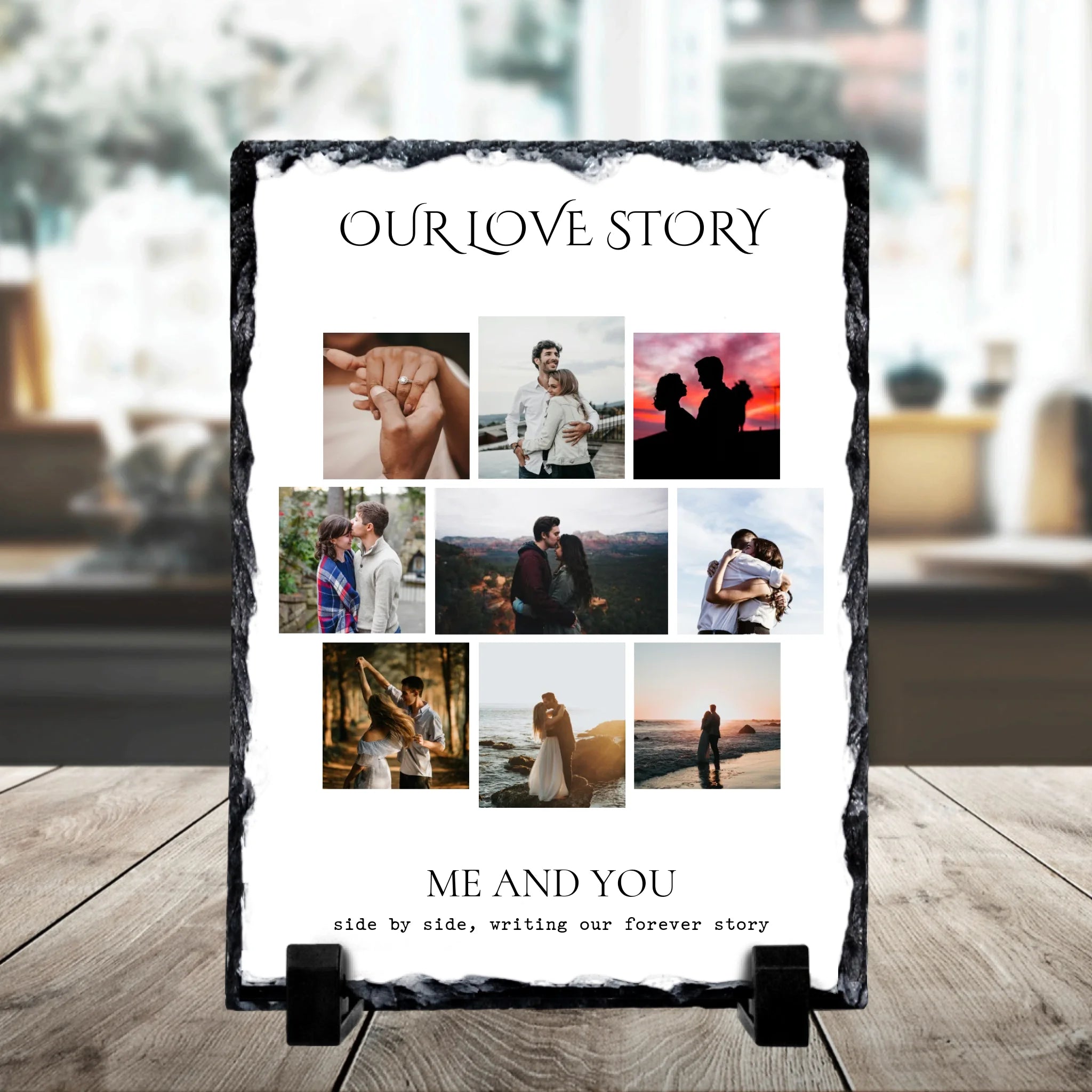 Square custom photo slate anniversary gift showing multiple photos with names