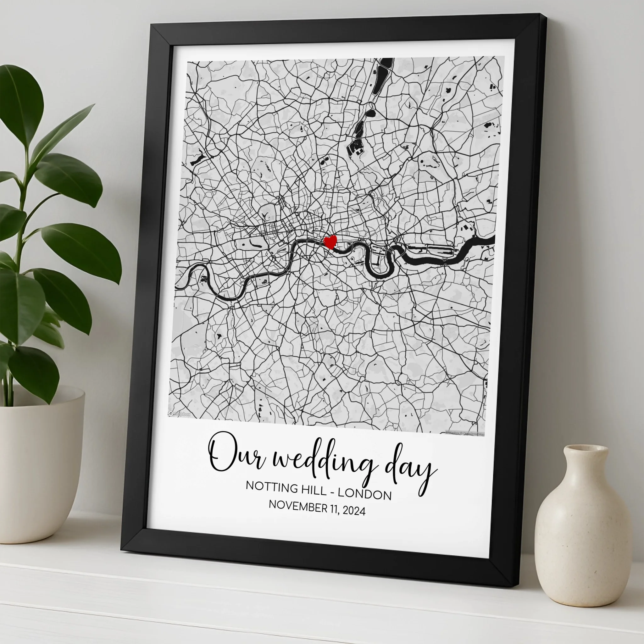 Custom Map Framed Print – Personalised Location Gift with Names, Date & Heart Marker – Anniversary, Wedding or Engagement Gift