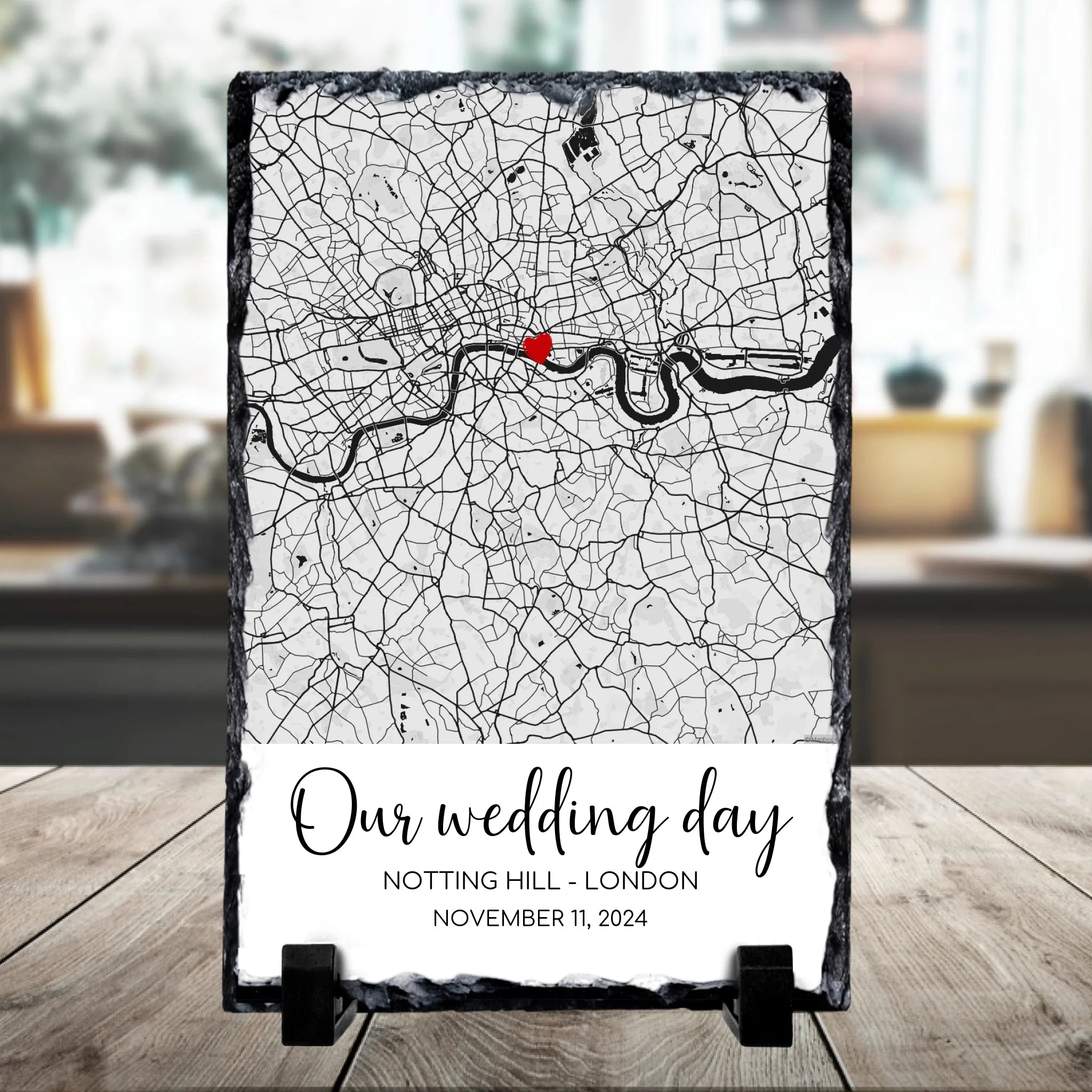 Personalised map photo slate gift showing a custom location print with names and date