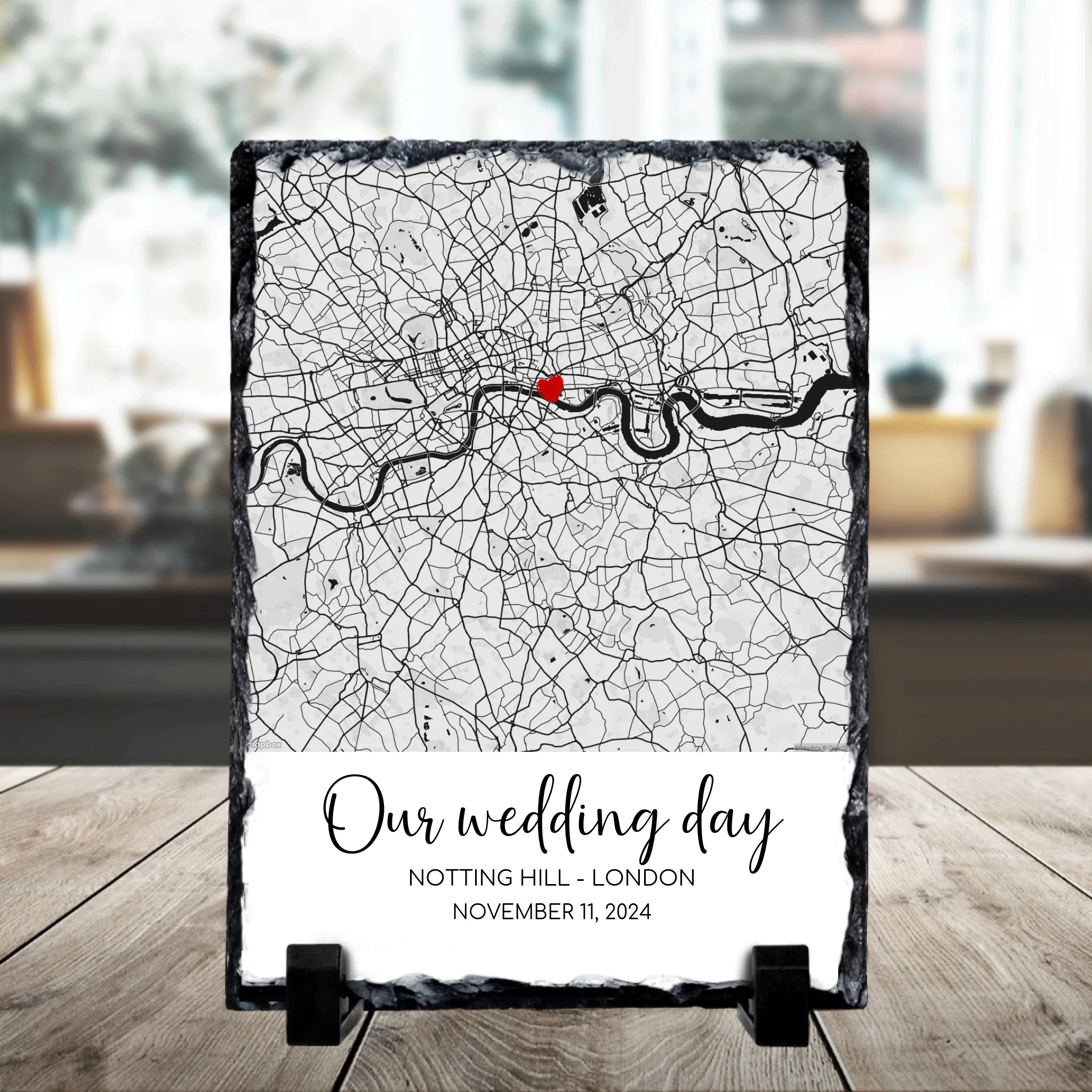 Custom photo slate featuring a heart map marker, personalised names and an anniversary date