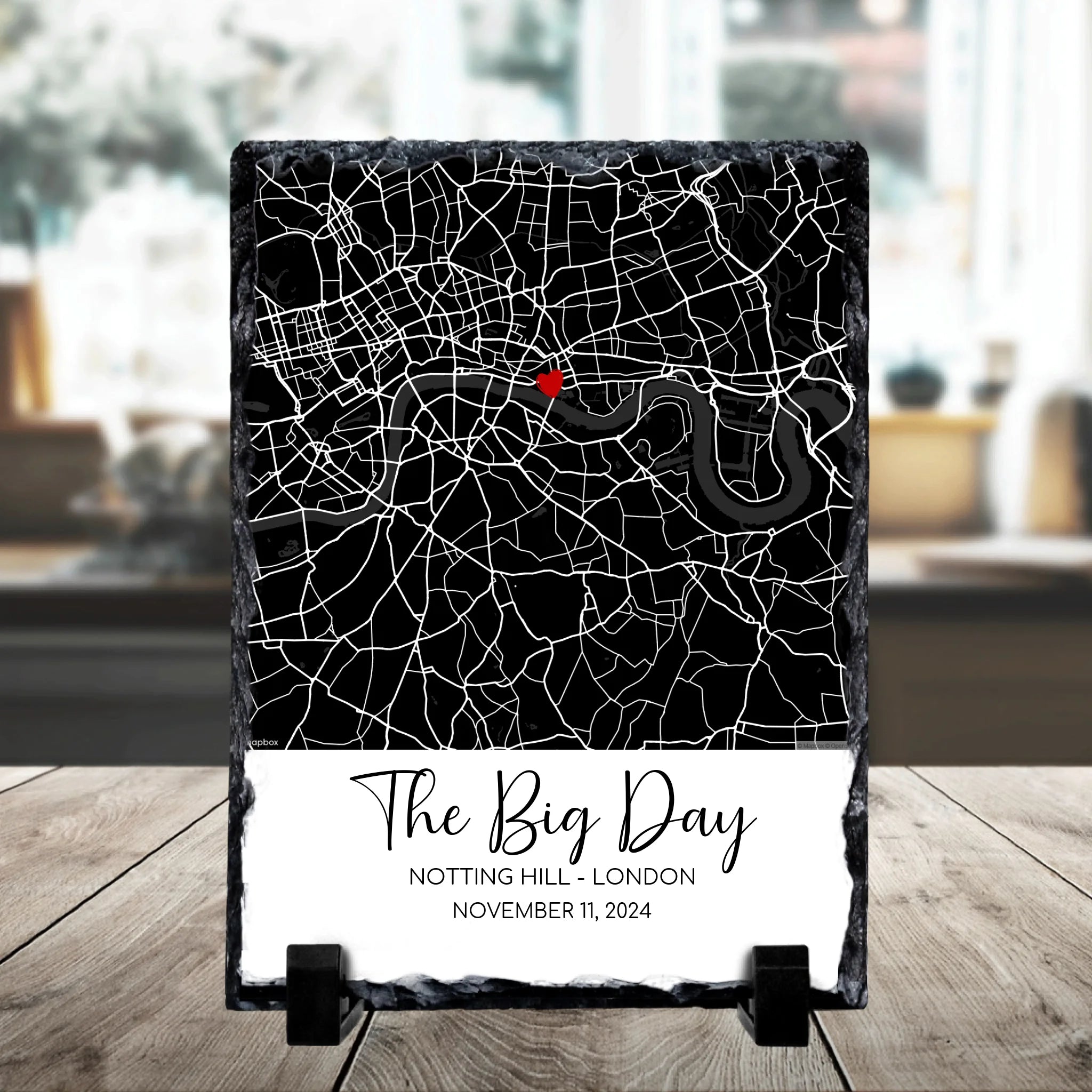 Custom map photo slate showing heart location marker design with personalised names and date