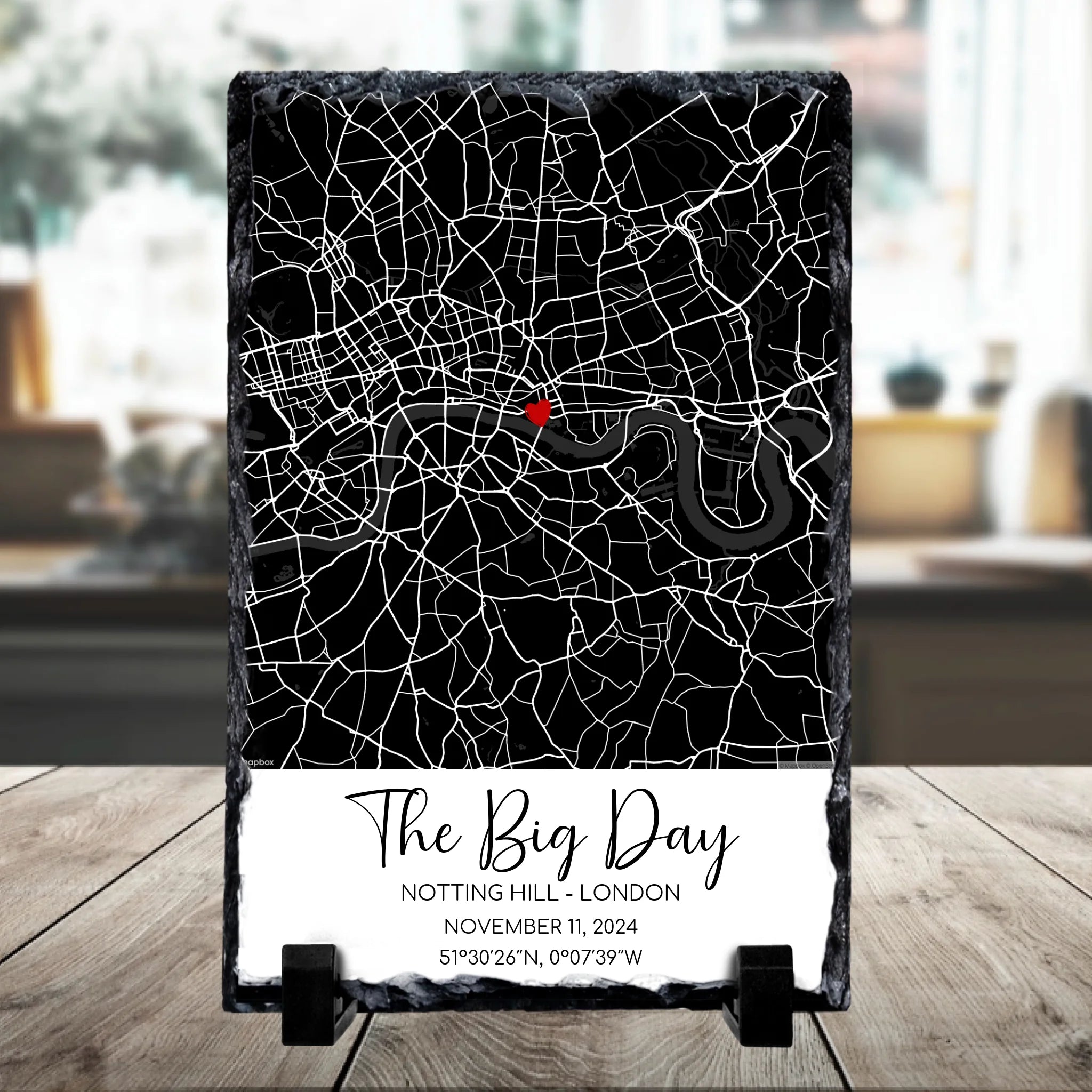 Personalised location map photo slate with heart marker, names, date and coordinates printed on slate
