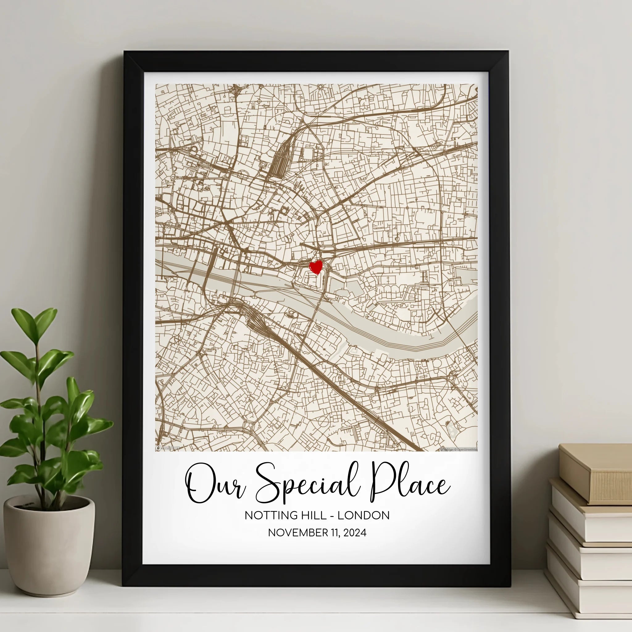 Custom Map Gift Framed Print – Personalised Location Wall Art with Heart Marker & Names – A4/A3 Romantic Couples Gift