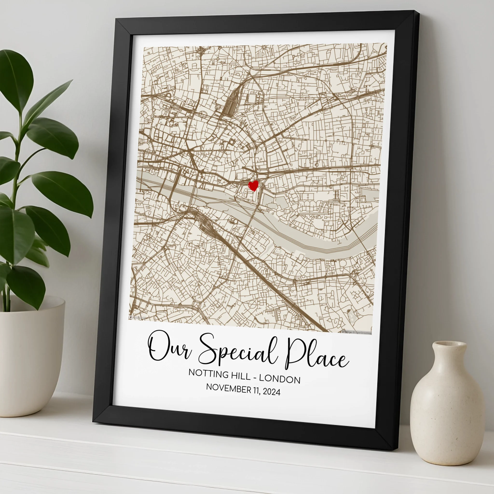 Custom Map Gift Framed Print – Personalised Location Wall Art with Heart Marker & Names – A4/A3 Romantic Couples Gift