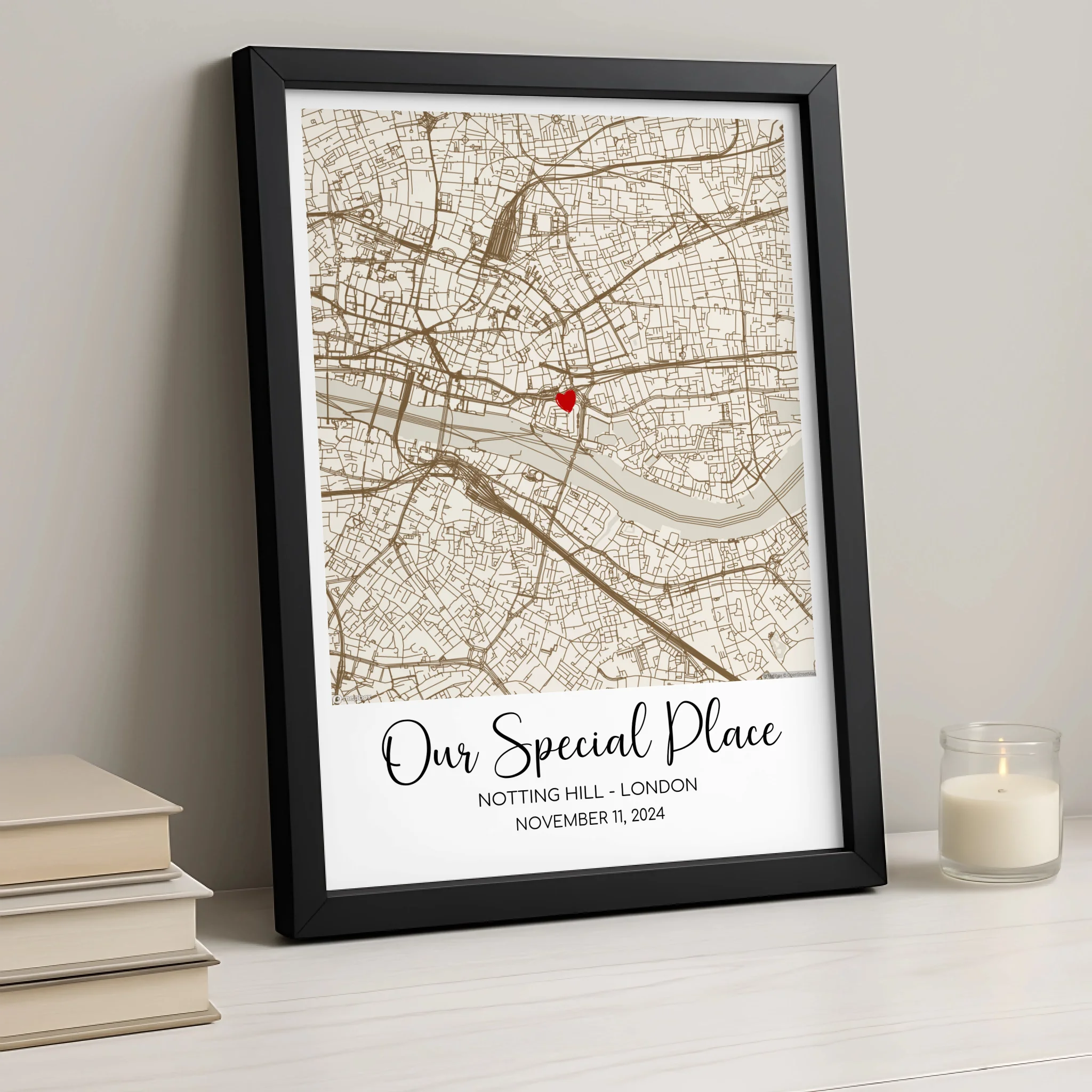 Custom Map Gift Framed Print – Personalised Location Wall Art with Heart Marker & Names – A4/A3 Romantic Couples Gift