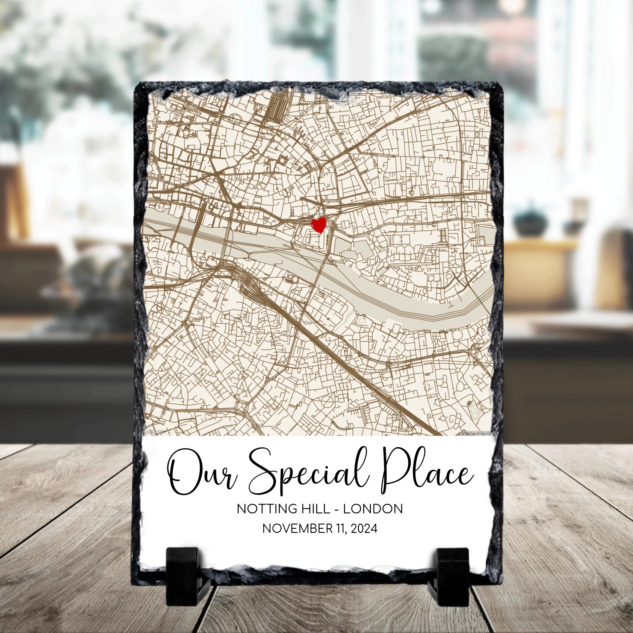 Custom map photo slate gift showing personalised location print with couple names and date