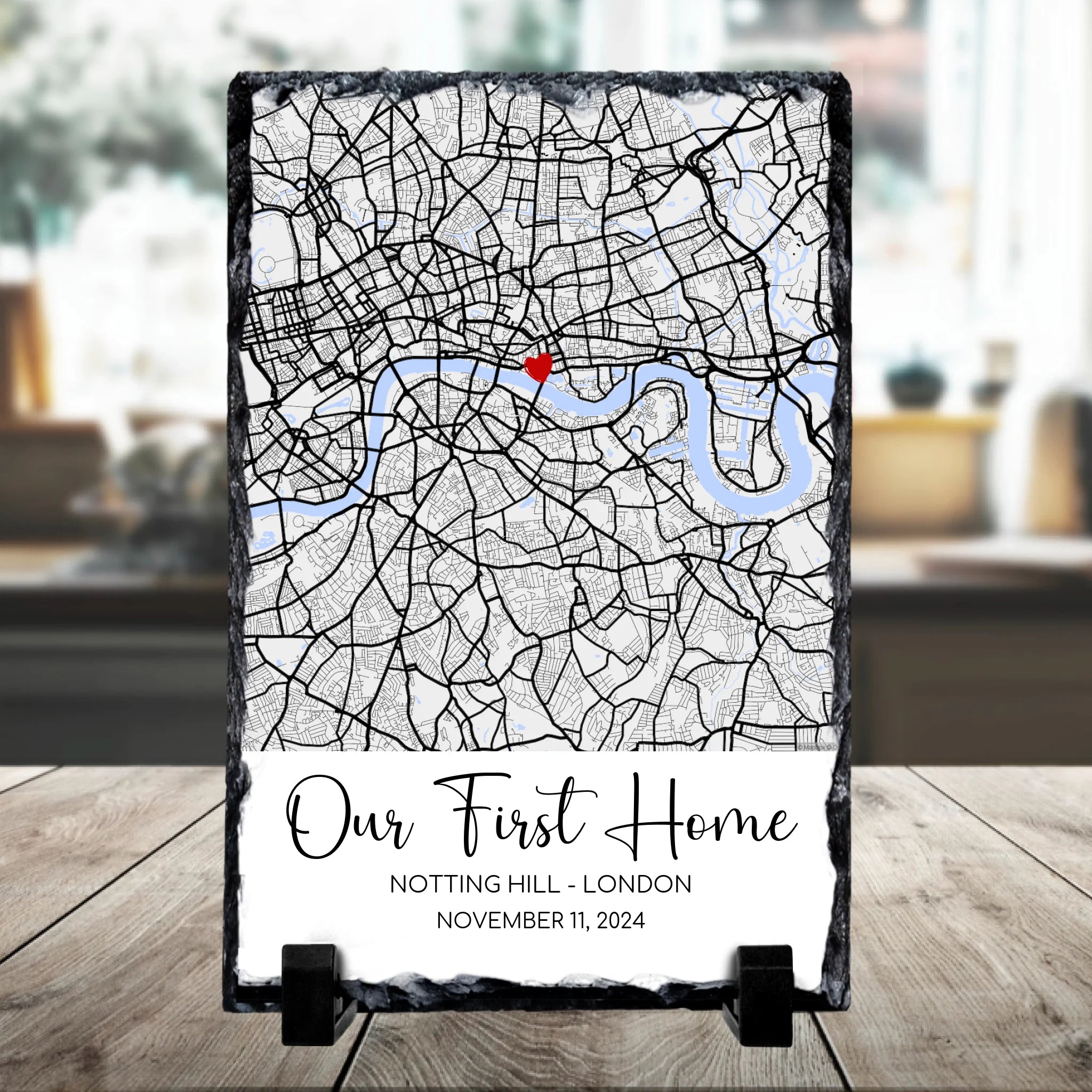 Rectangular personalised photo slate with custom map location, heart marker and couple names printed on it