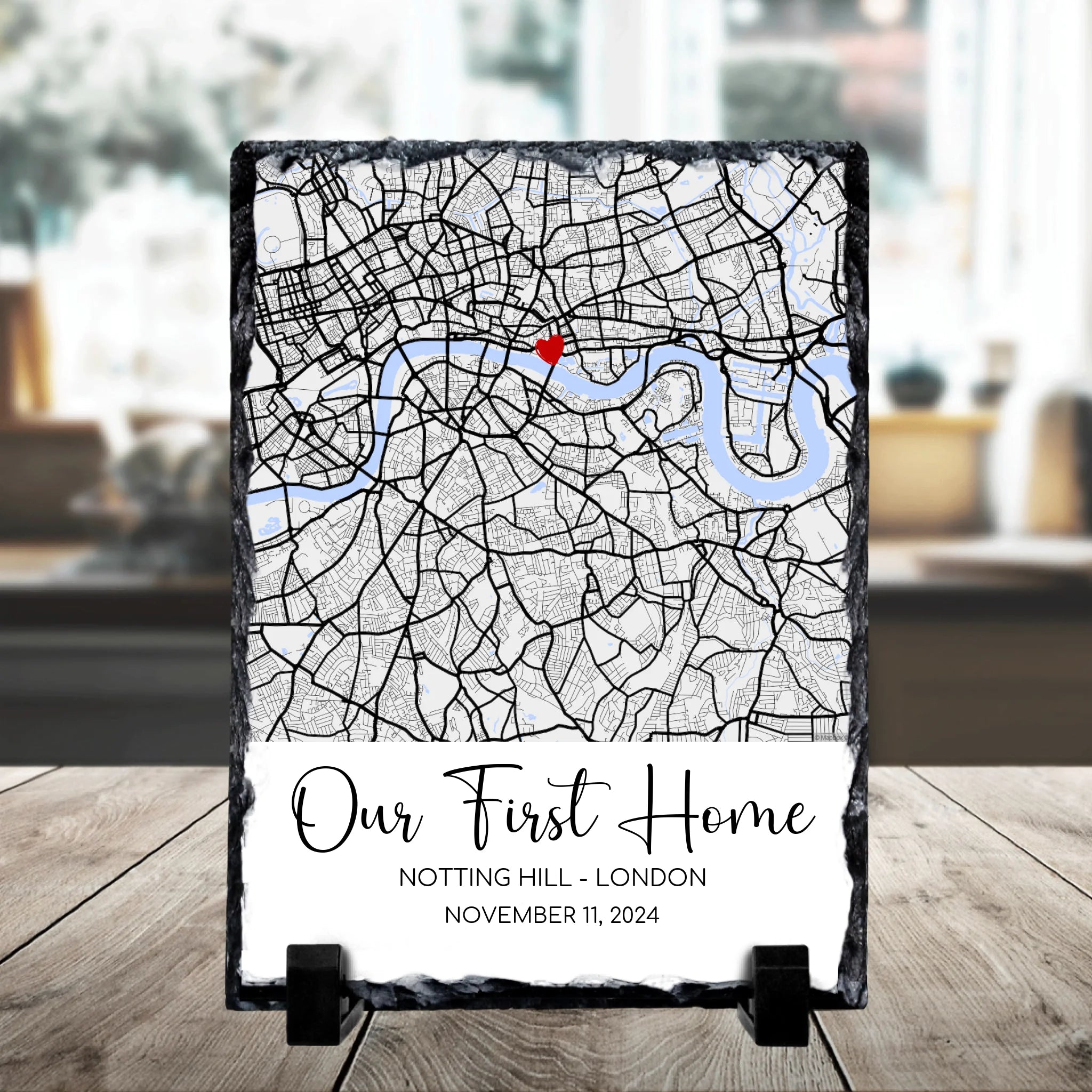 Custom map photo slate gift for couples with personalised location details printed on natural slate