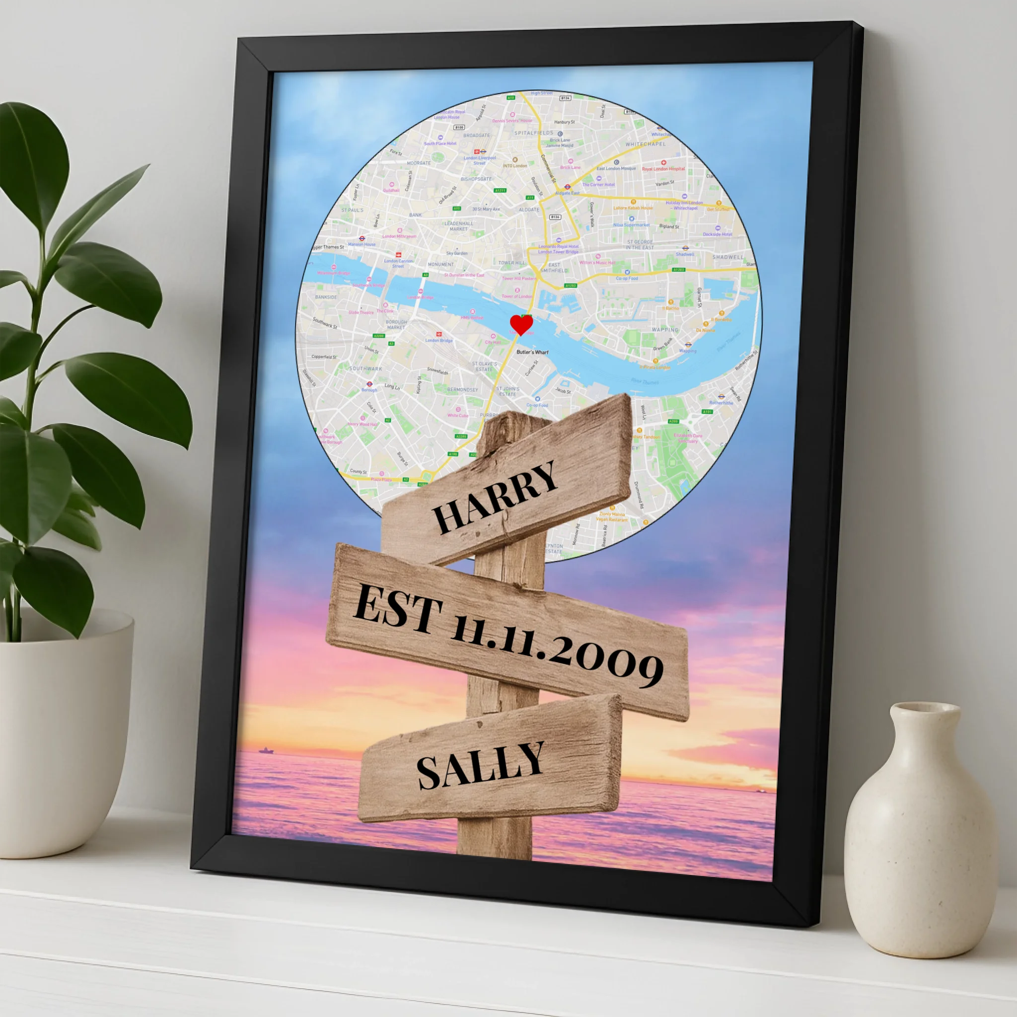 Personalised Map Print – Custom Location Wall Art with Names & Date on Wooden Signpost – A4/A3 Framed Anniversary or Wedding Gift