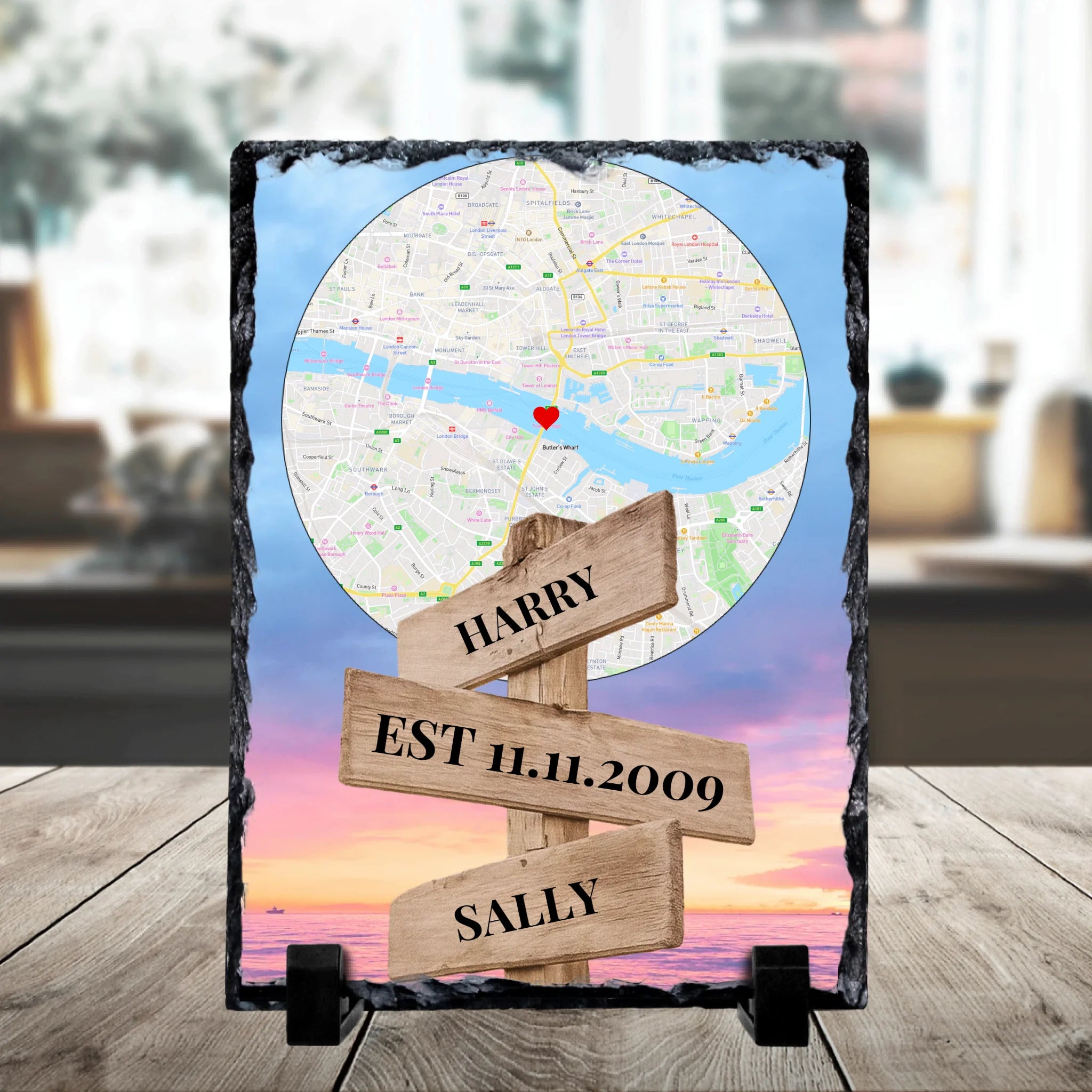 Custom map photo slate gift showing a street sign design with personalised names and date for couples