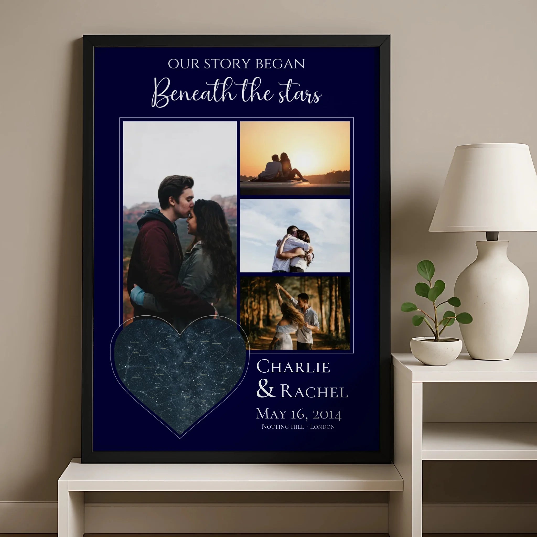 Framed personalised photo print with star map design and custom date