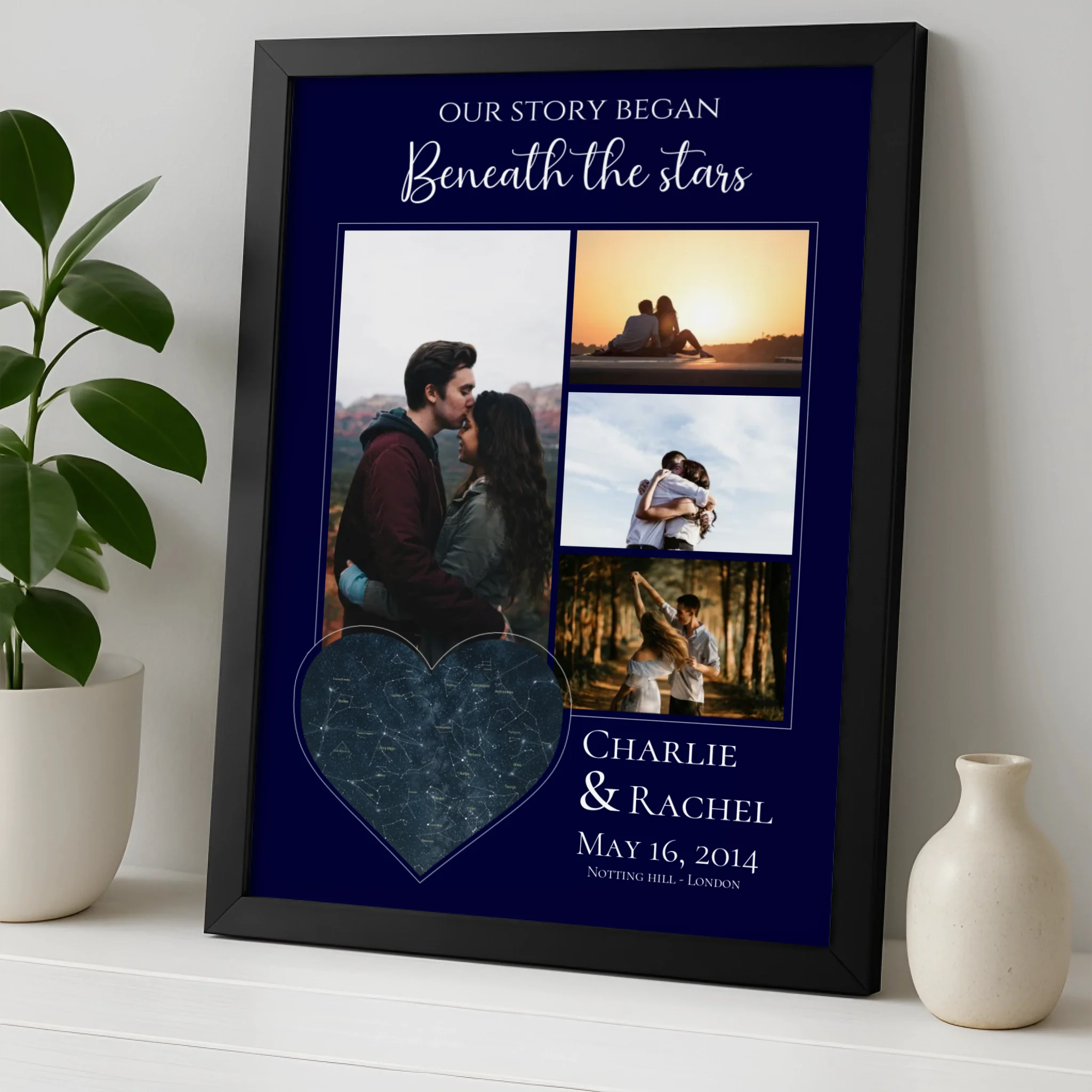 Custom photo frame print showing a star map with personalised text and photo collage