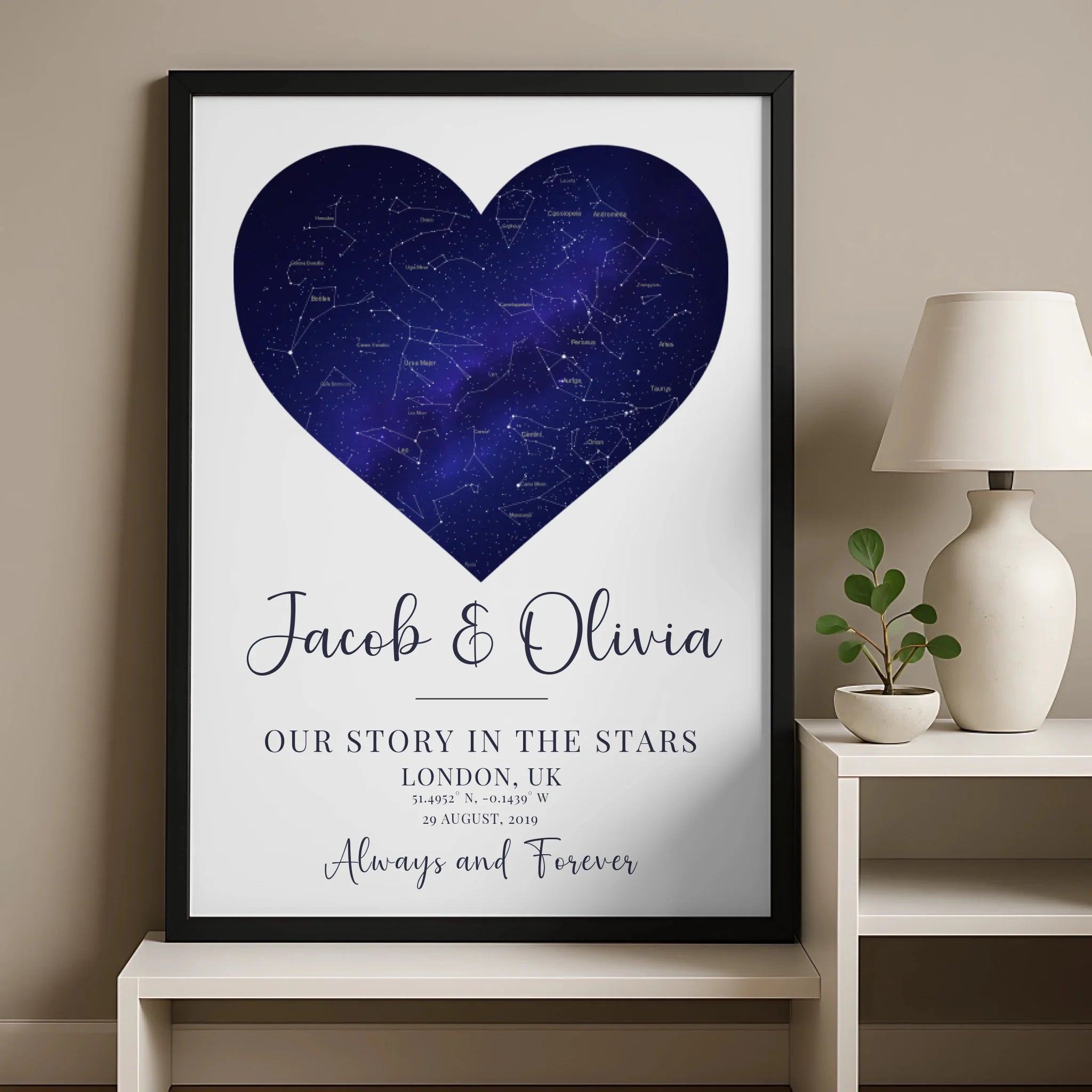 Personalised night sky heart print showing star positions for a specific date and place