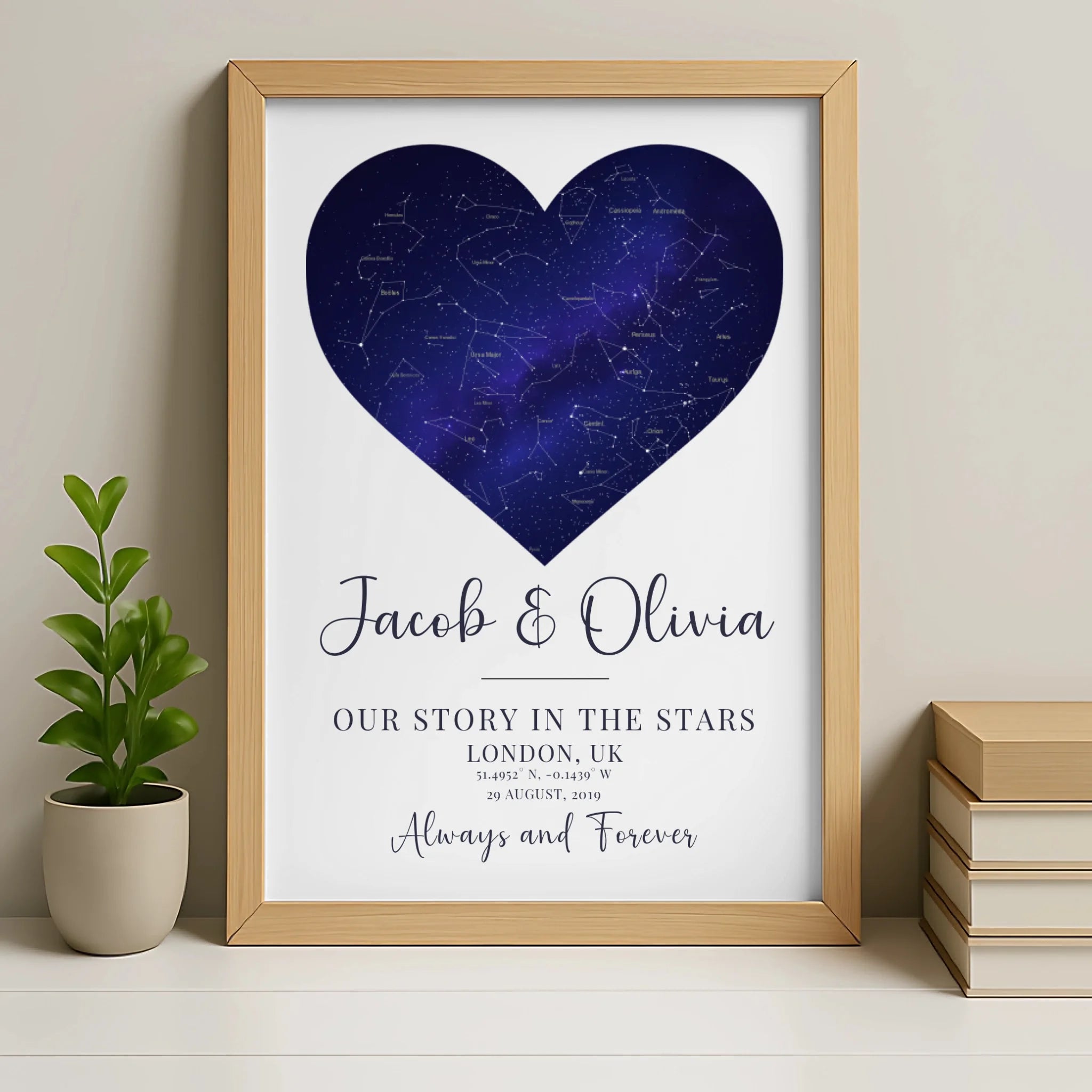 Personalised heart star map print in an oak wood frame