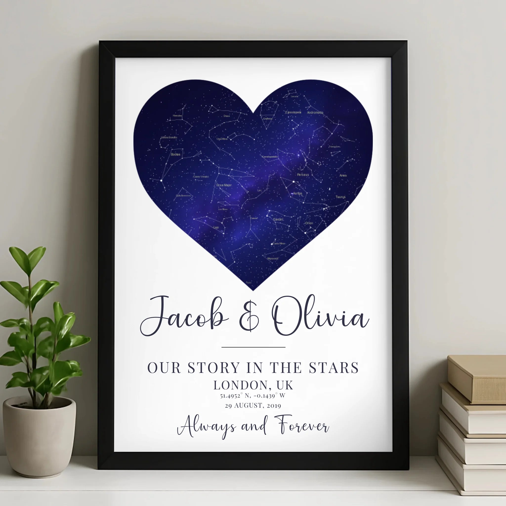 Personalised Heart Star Map Print – Custom Night Sky with Names, Date & Location – A4/A3 Framed Anniversary or Wedding Gift
