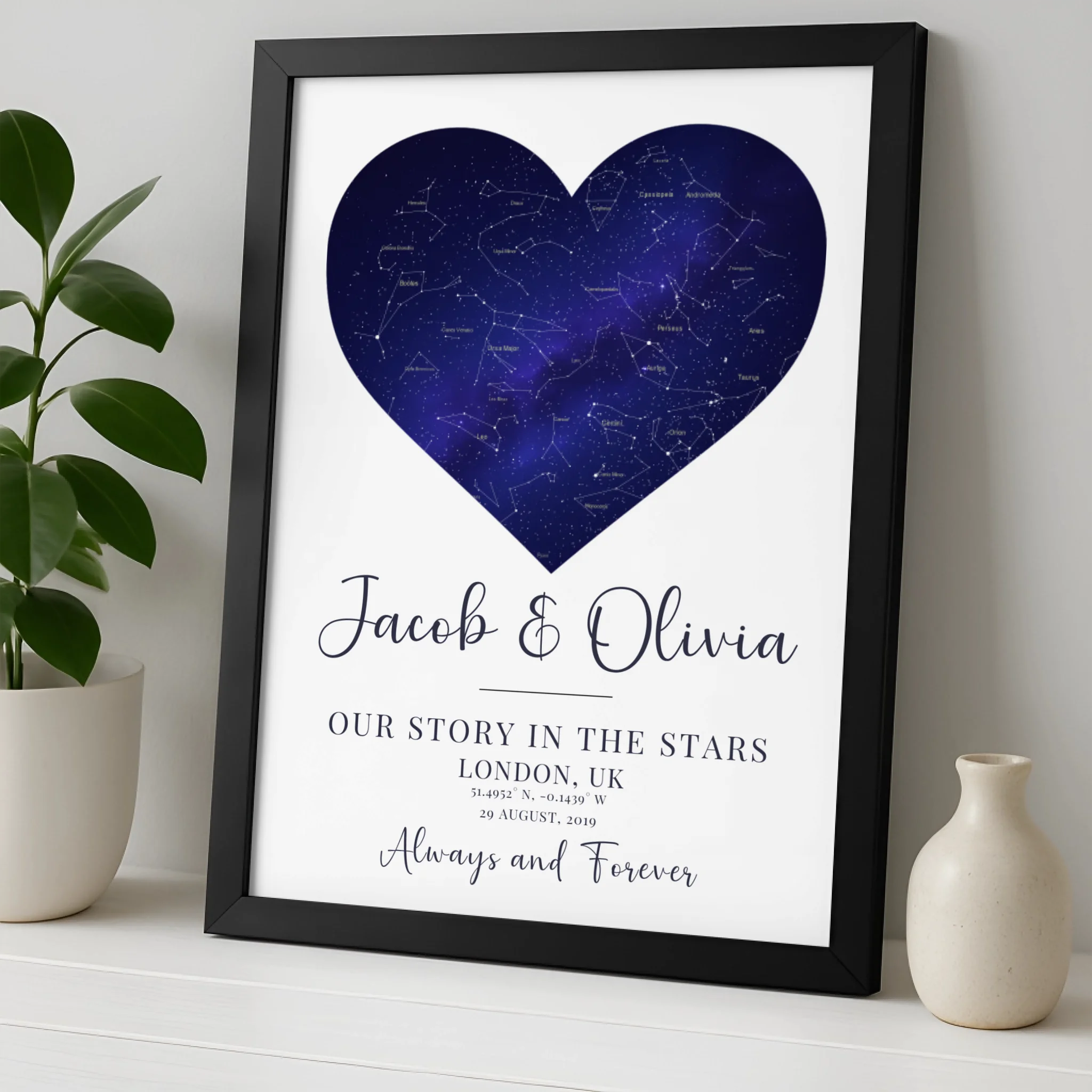Personalised Heart Star Map Print – Custom Night Sky with Names, Date & Location – A4/A3 Framed Anniversary or Wedding Gift