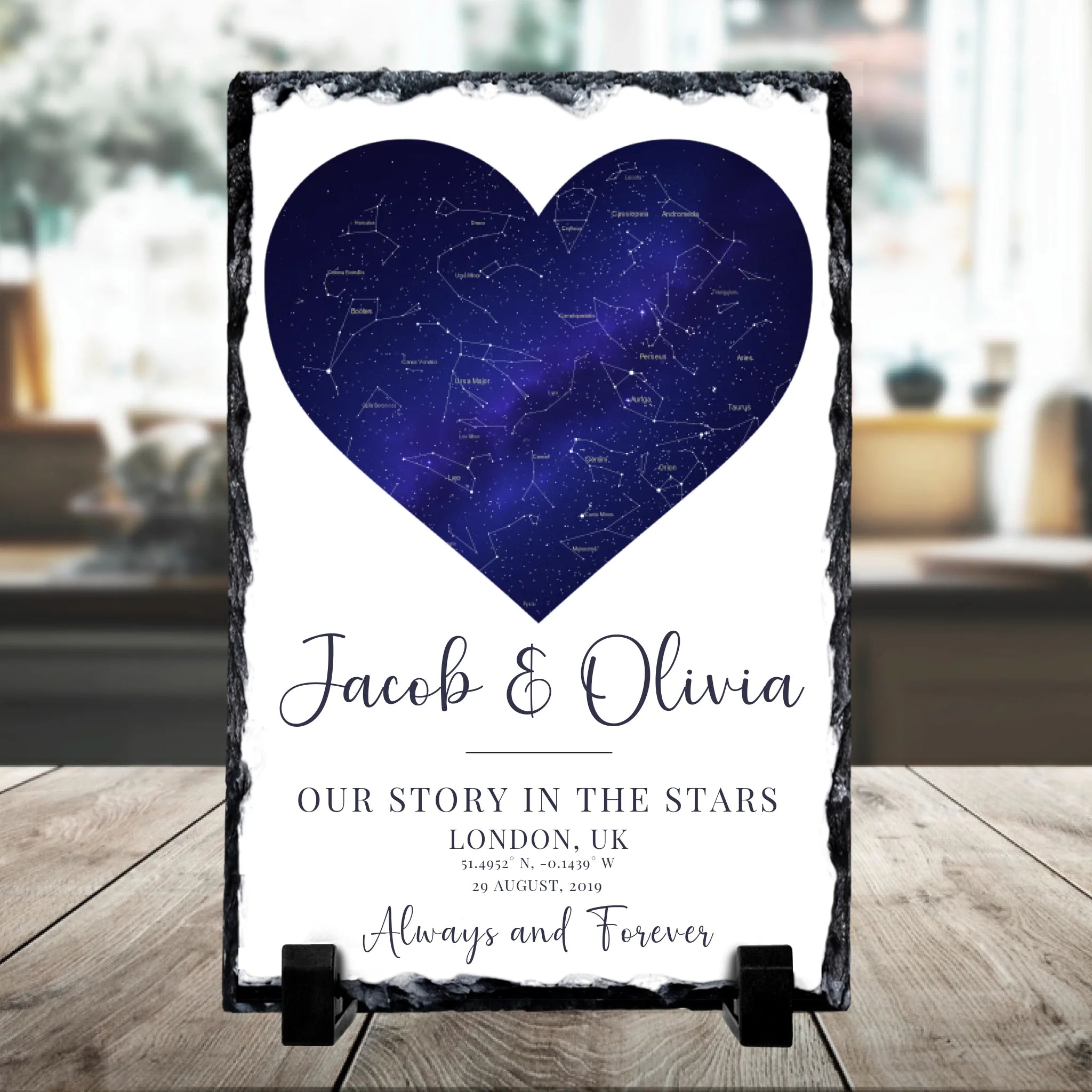 Rectangular personalised photo slate gift with star map, names and date for anniversaries
