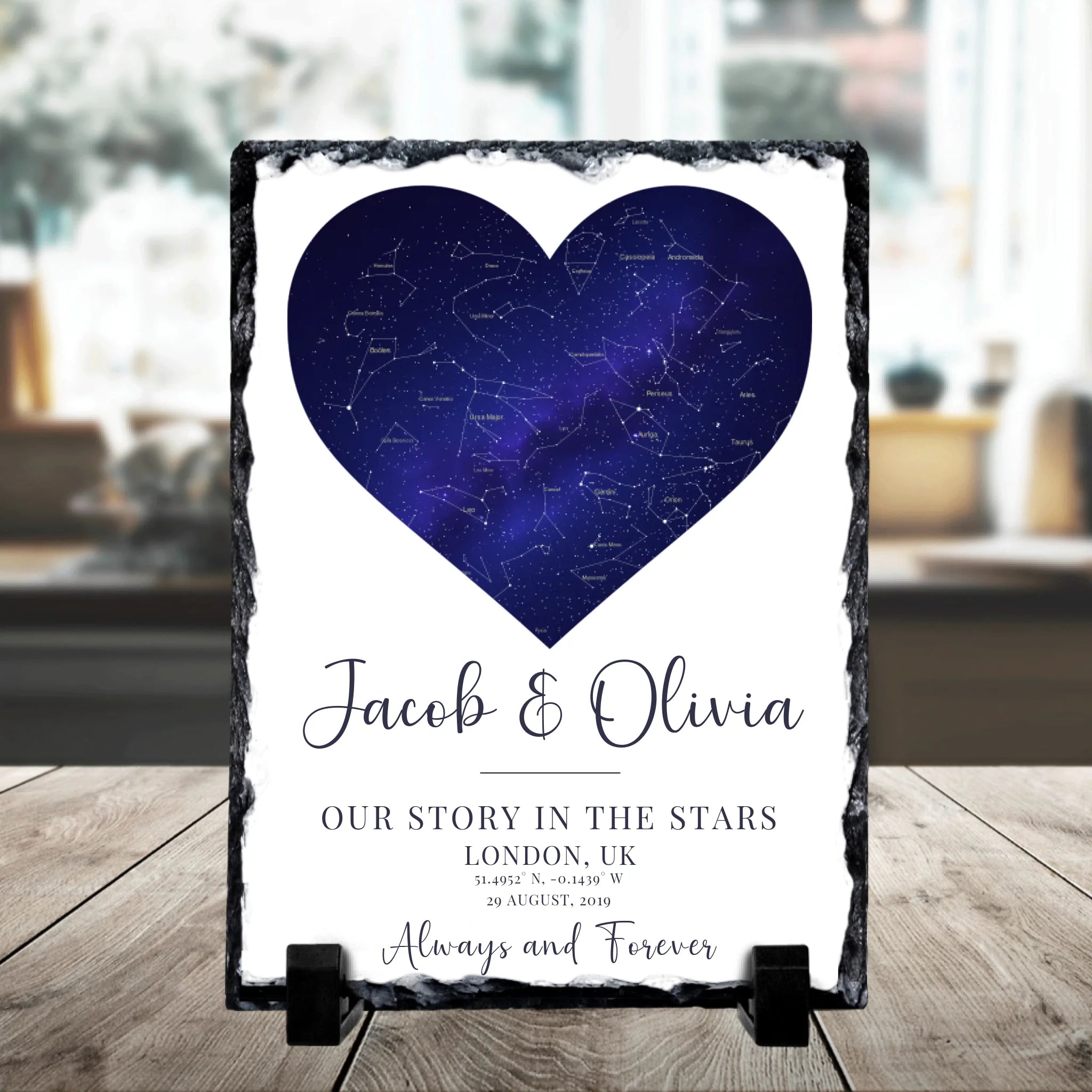 Close-up of a custom night sky photo slate showing star map design with personalised text