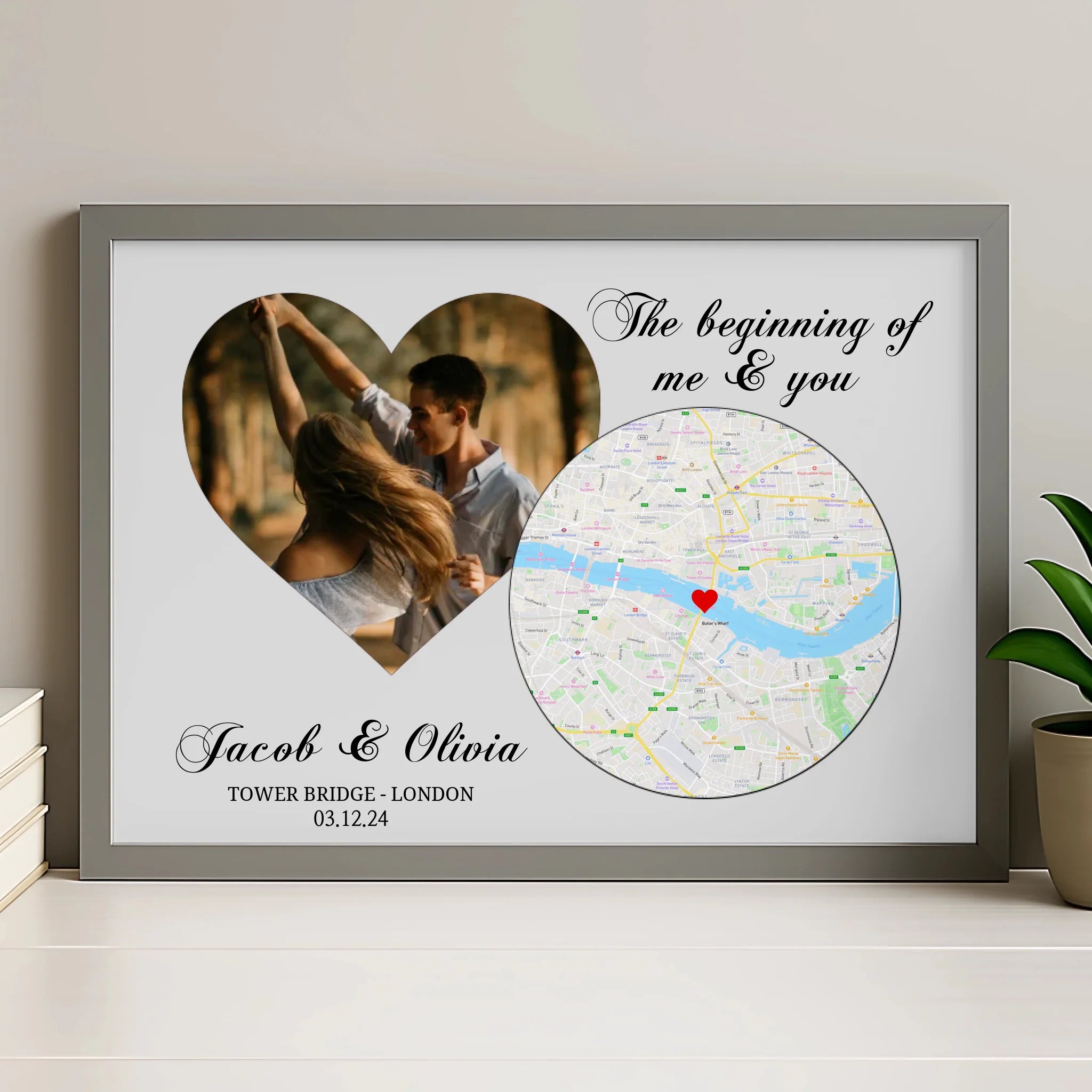 Personalised photo map print in a grey frame with custom location and names