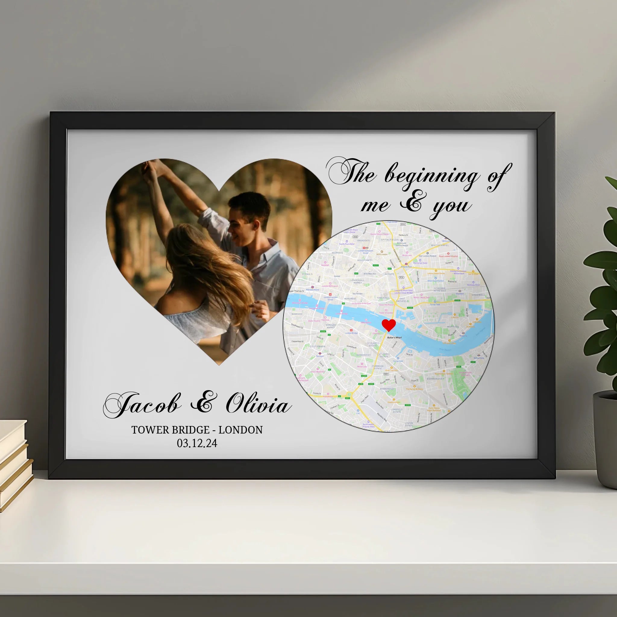 A3 personalised photo and map print framed as an anniversary or wedding gift