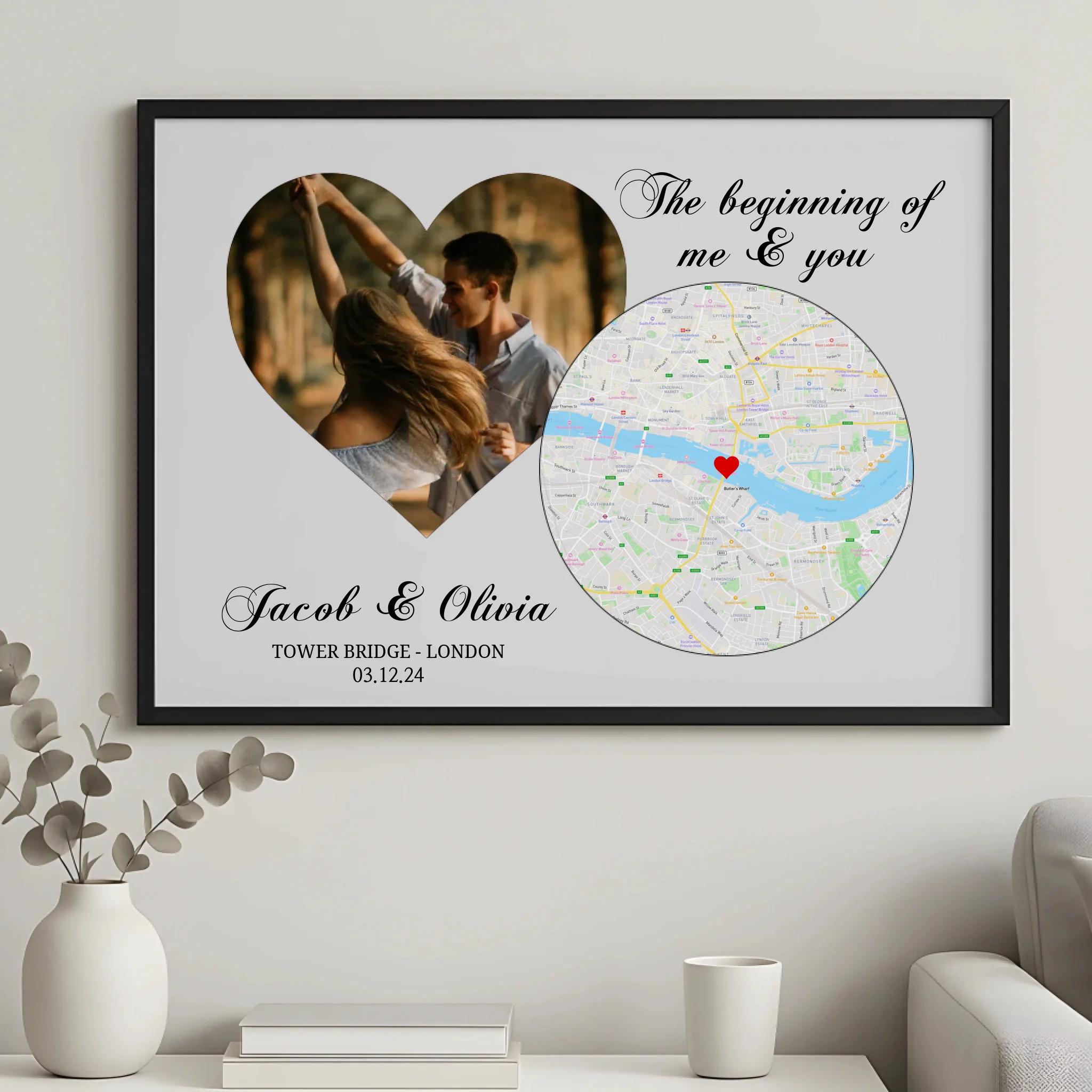 Custom framed photo and map print with heart photo, names and special date