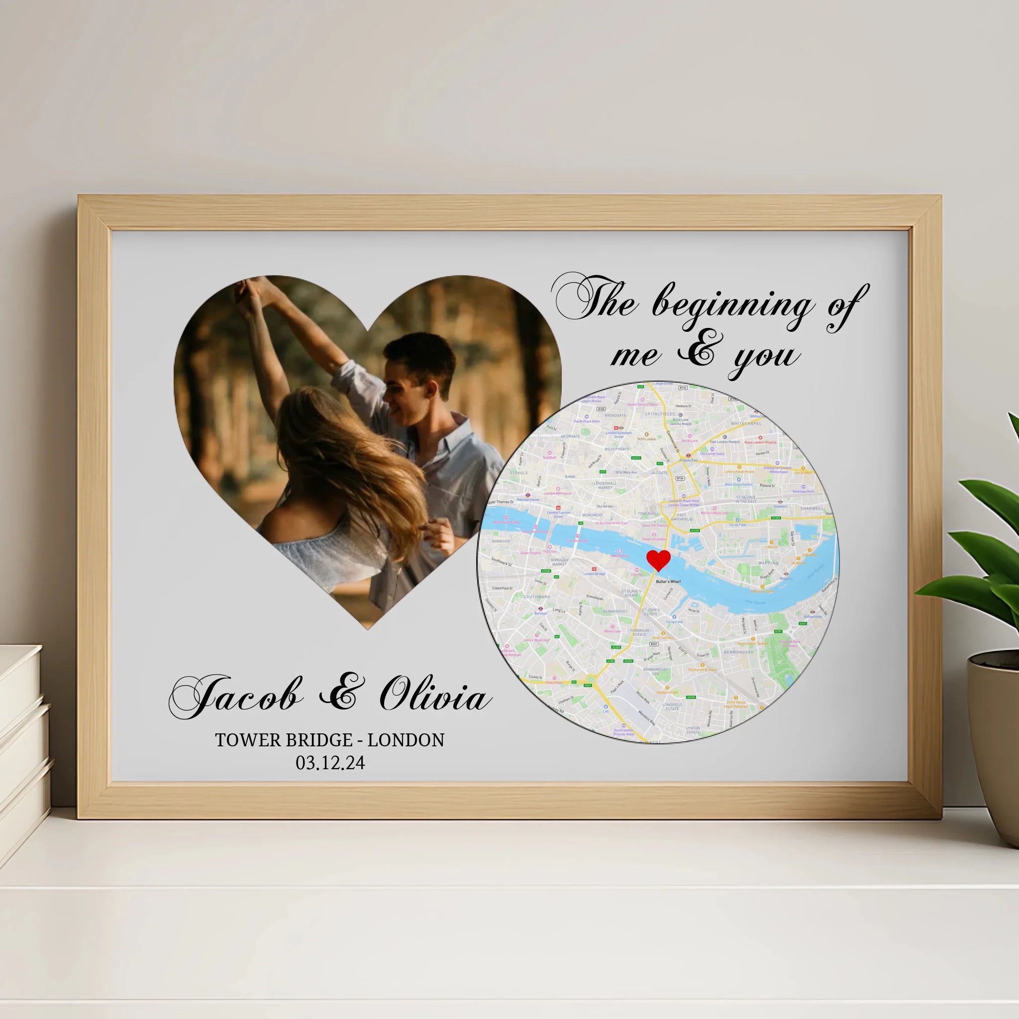 Personalised photo and map print in a white frame with custom names and date