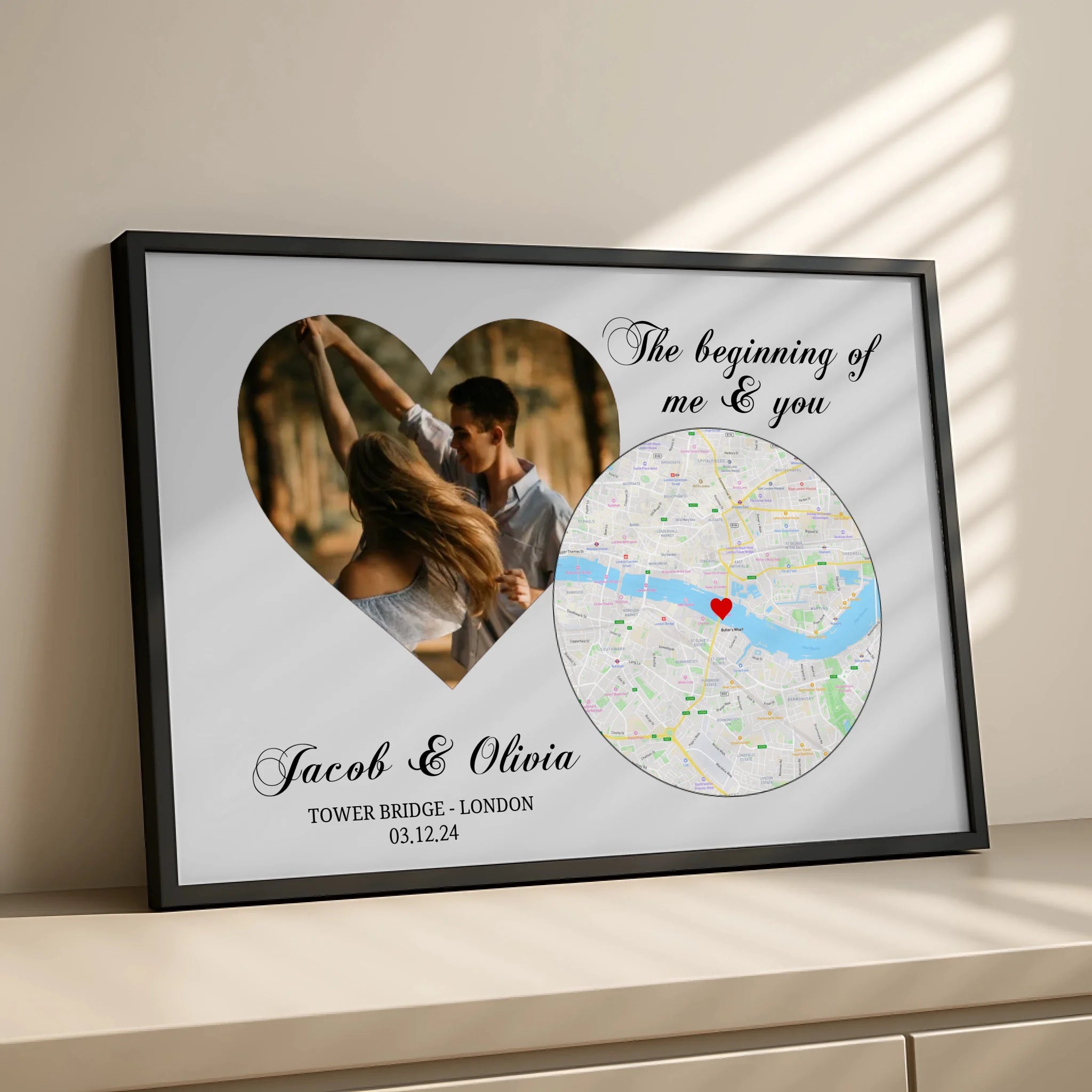 Personalised map print with photo, names and date displayed in a white frame
