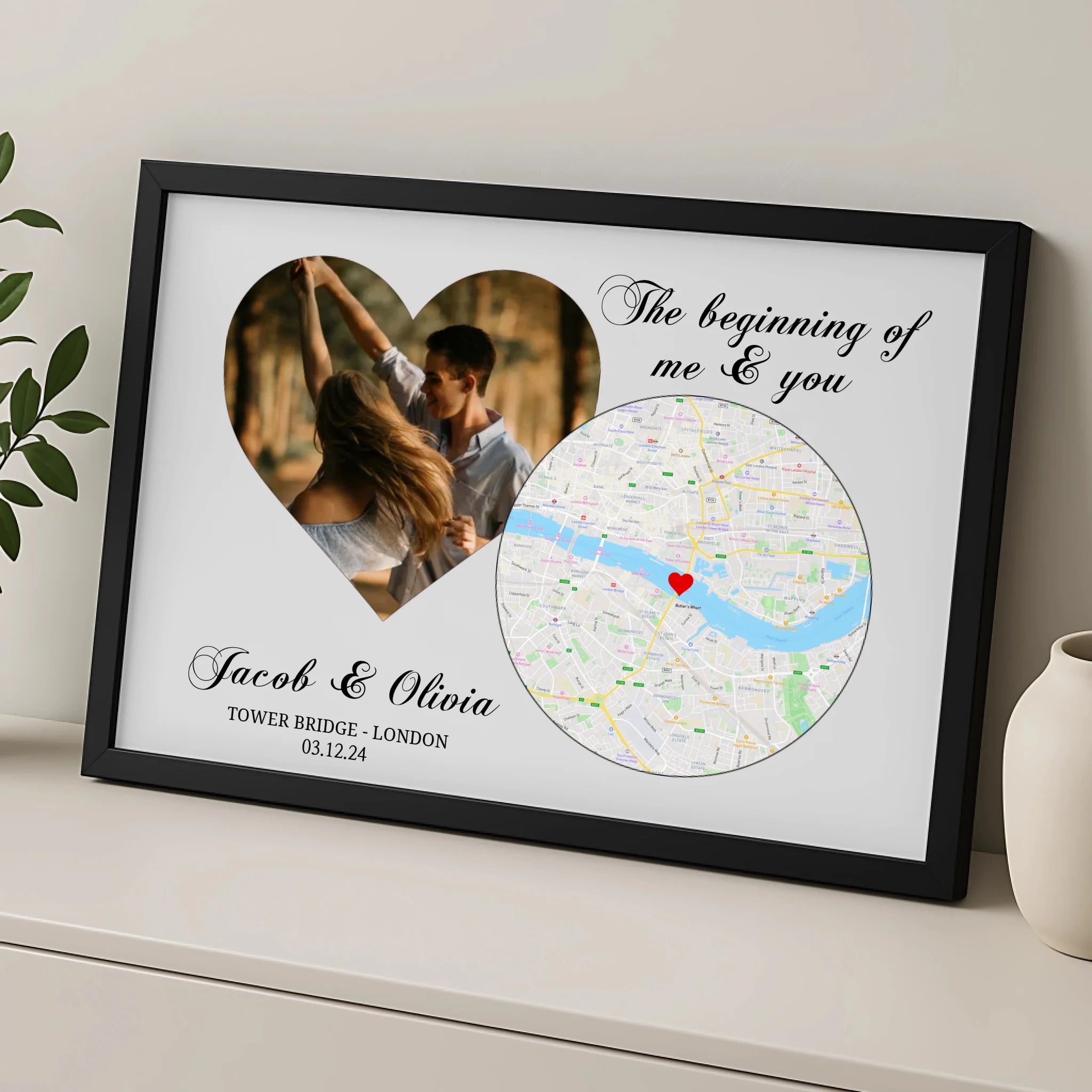 Custom location map print with a heart-shaped photo and personalised names
