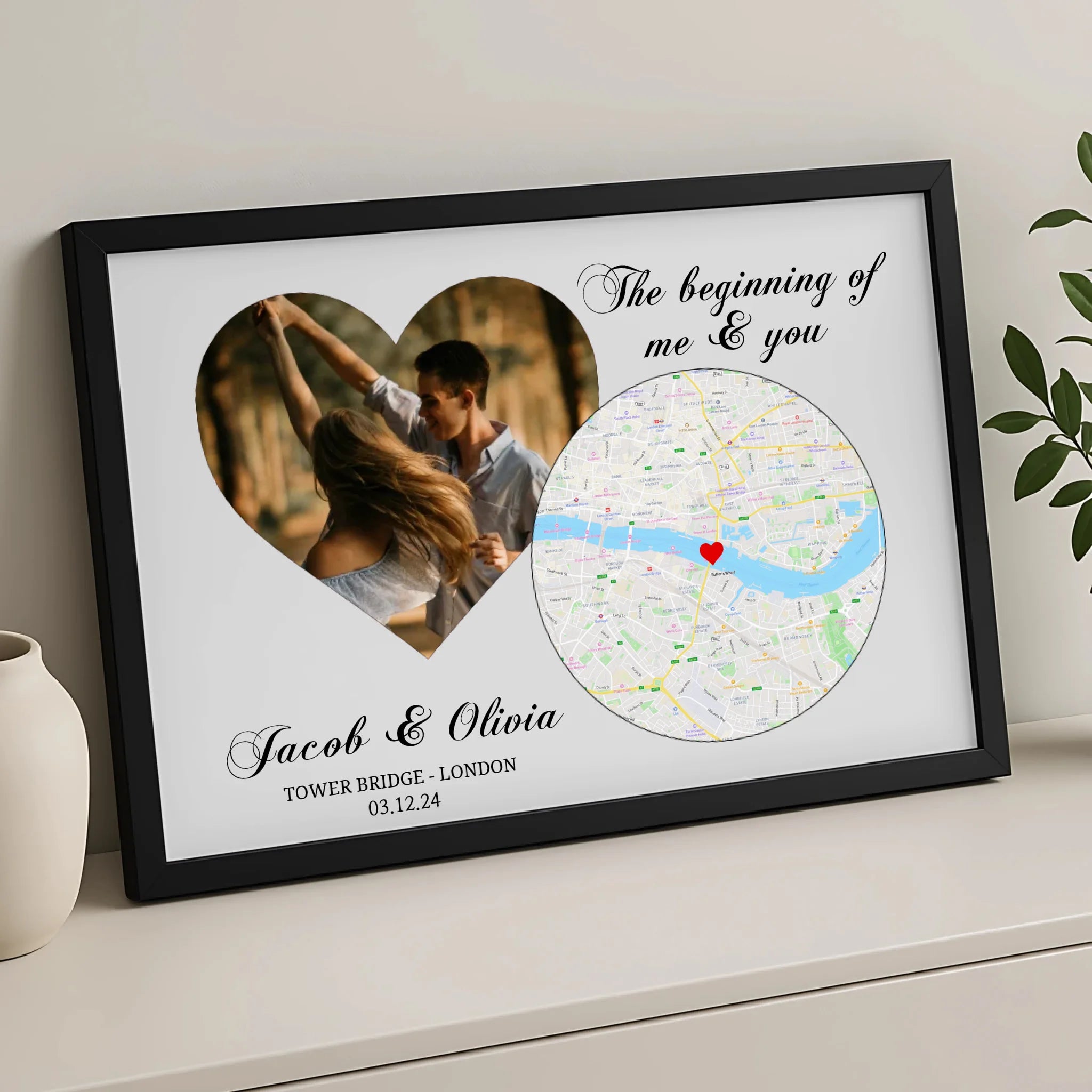 Close-up of a custom photo and map print with personalised text and location detail