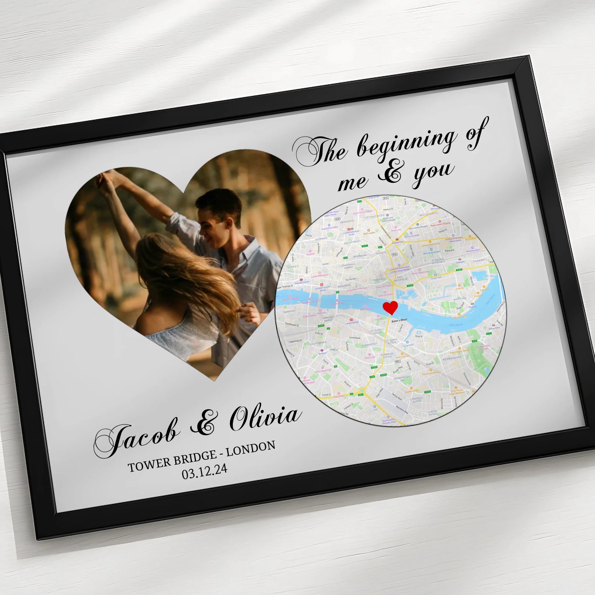 Personalised map and photo print showing a UK location with custom date and names