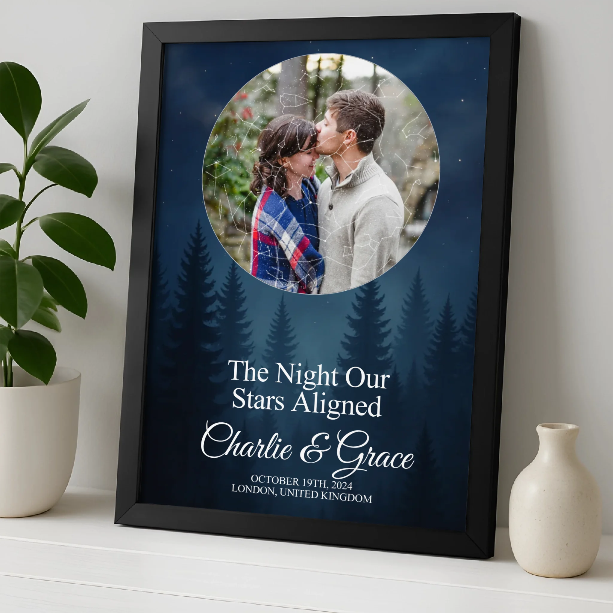 Custom night sky photo frame showing a star map personalised with a couple's names and special date