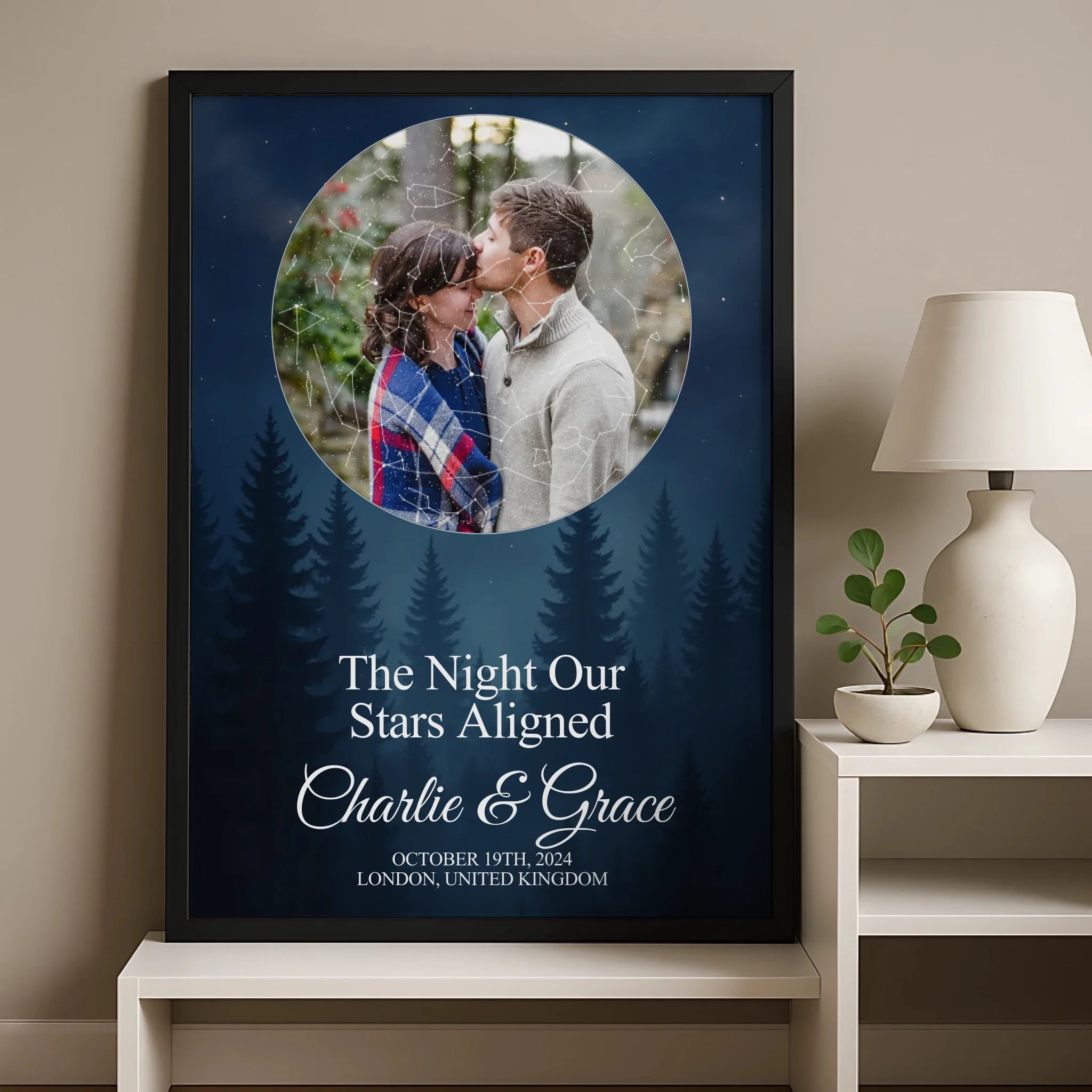 Detail view of a custom star map print inside a photo frame showing personalised text