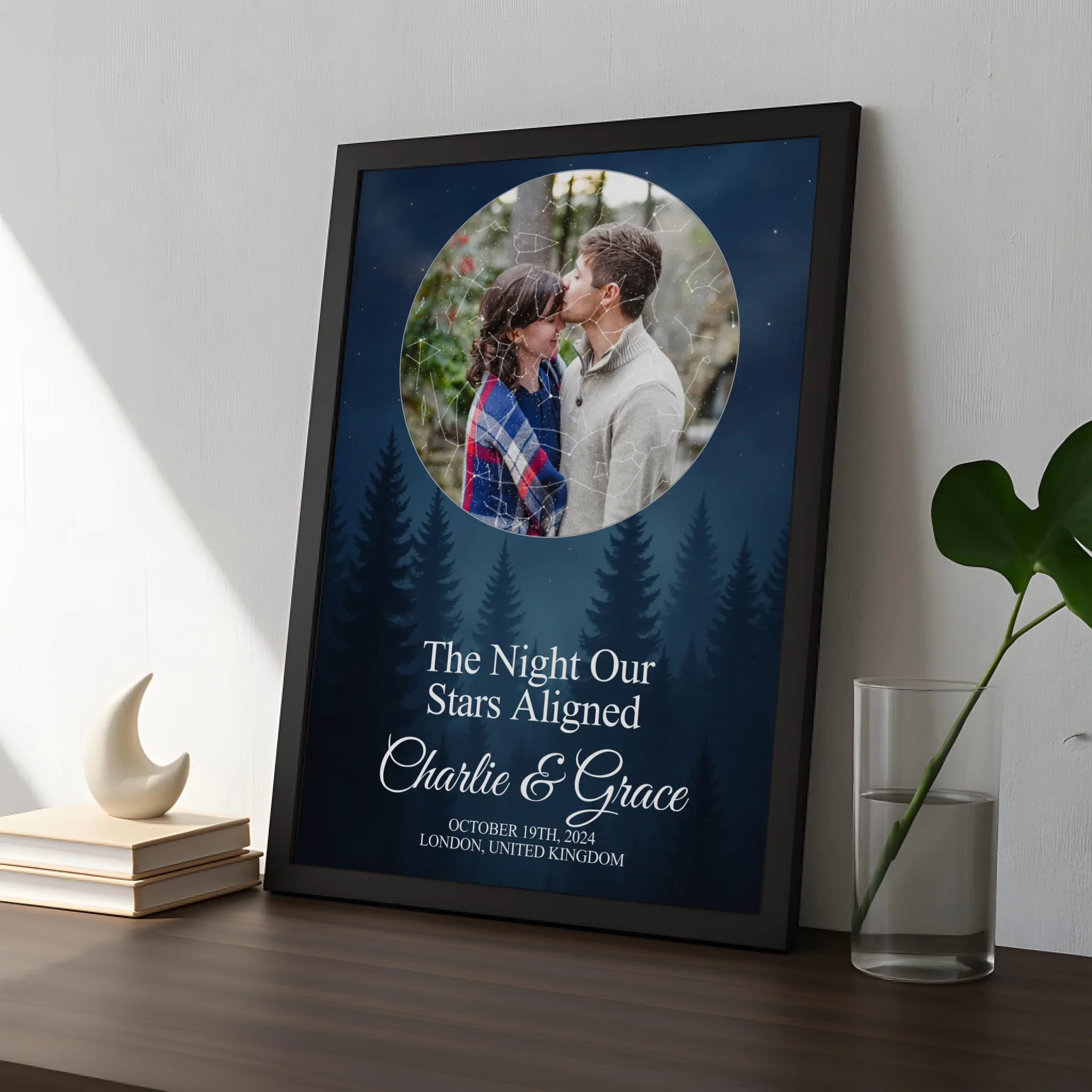 Personalised photo frame gift with star map and custom night sky print, shown in a home setting