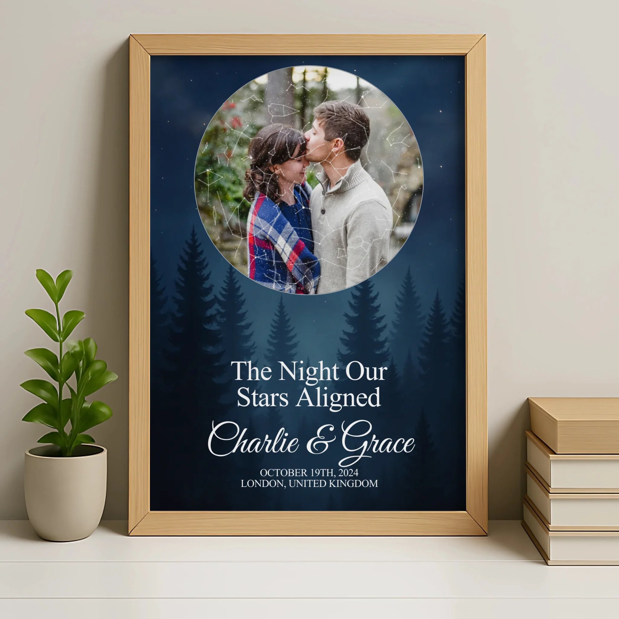 Oak photo frame with personalised star map design showing a couple's names, date and location