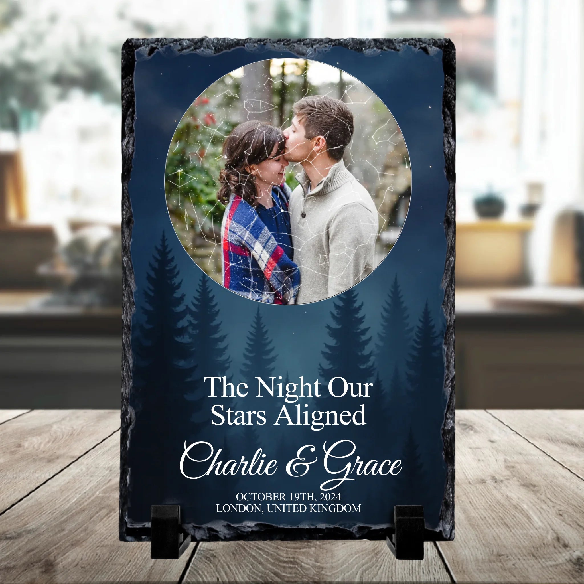 Personalised star map slate gift showing custom night sky and location details for an anniversary