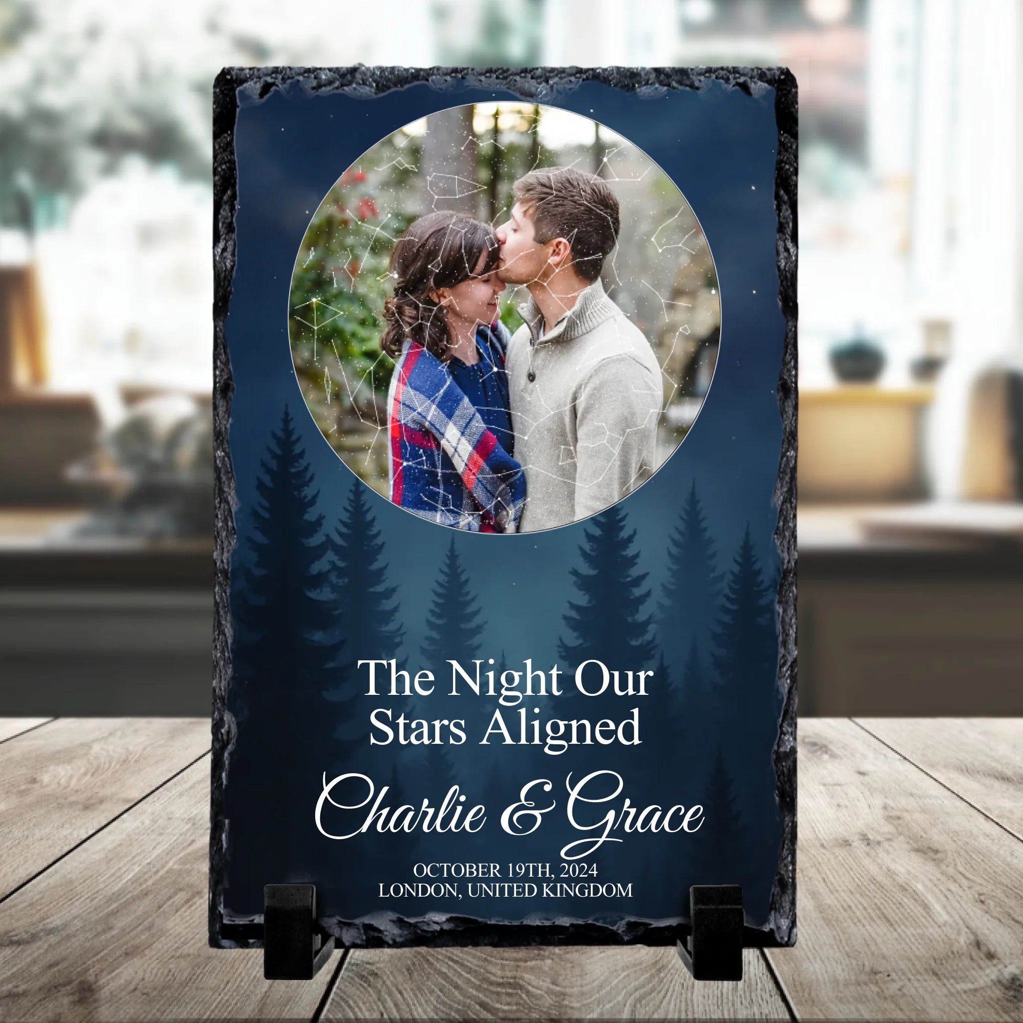 Personalised photo slate with custom star map, names, date and location printed on rectangular slate