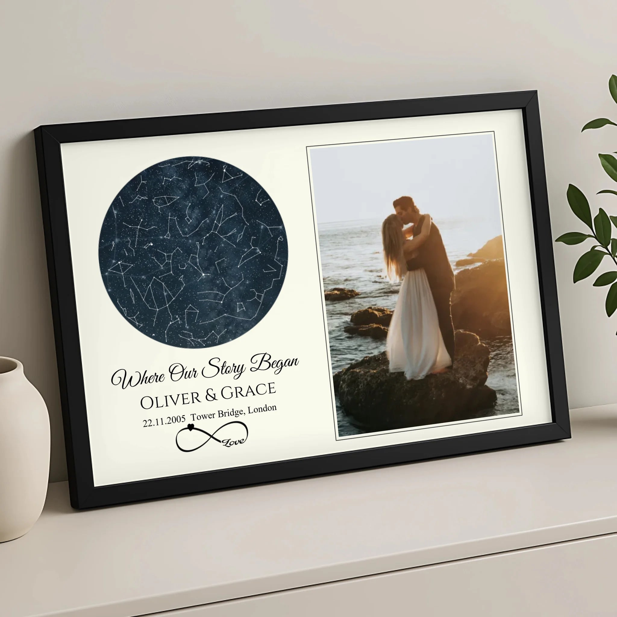 Custom star map photo frame with couple's names, location and date printed in A3 size