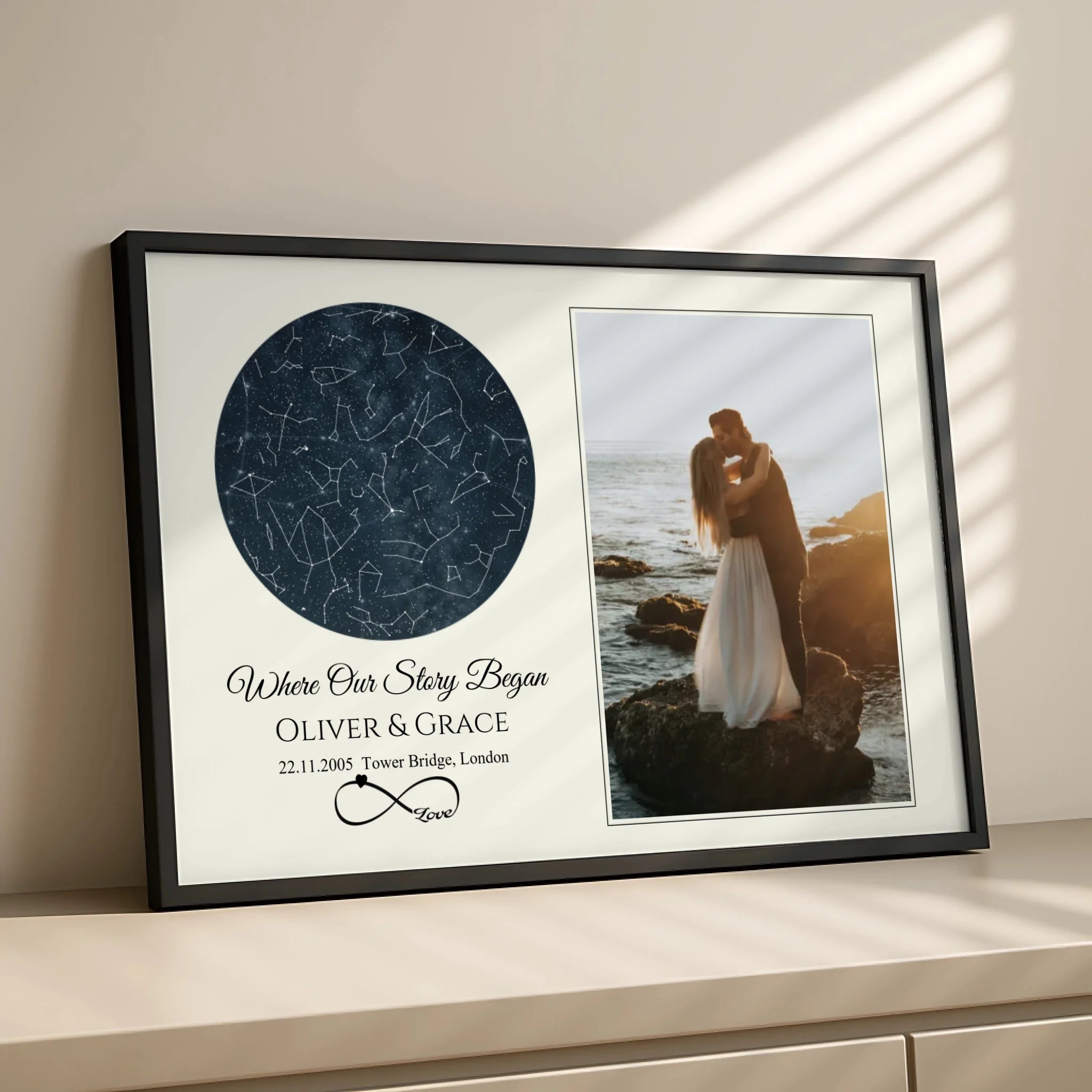 Personalised night sky print with photo, names and special date displayed in a white frame