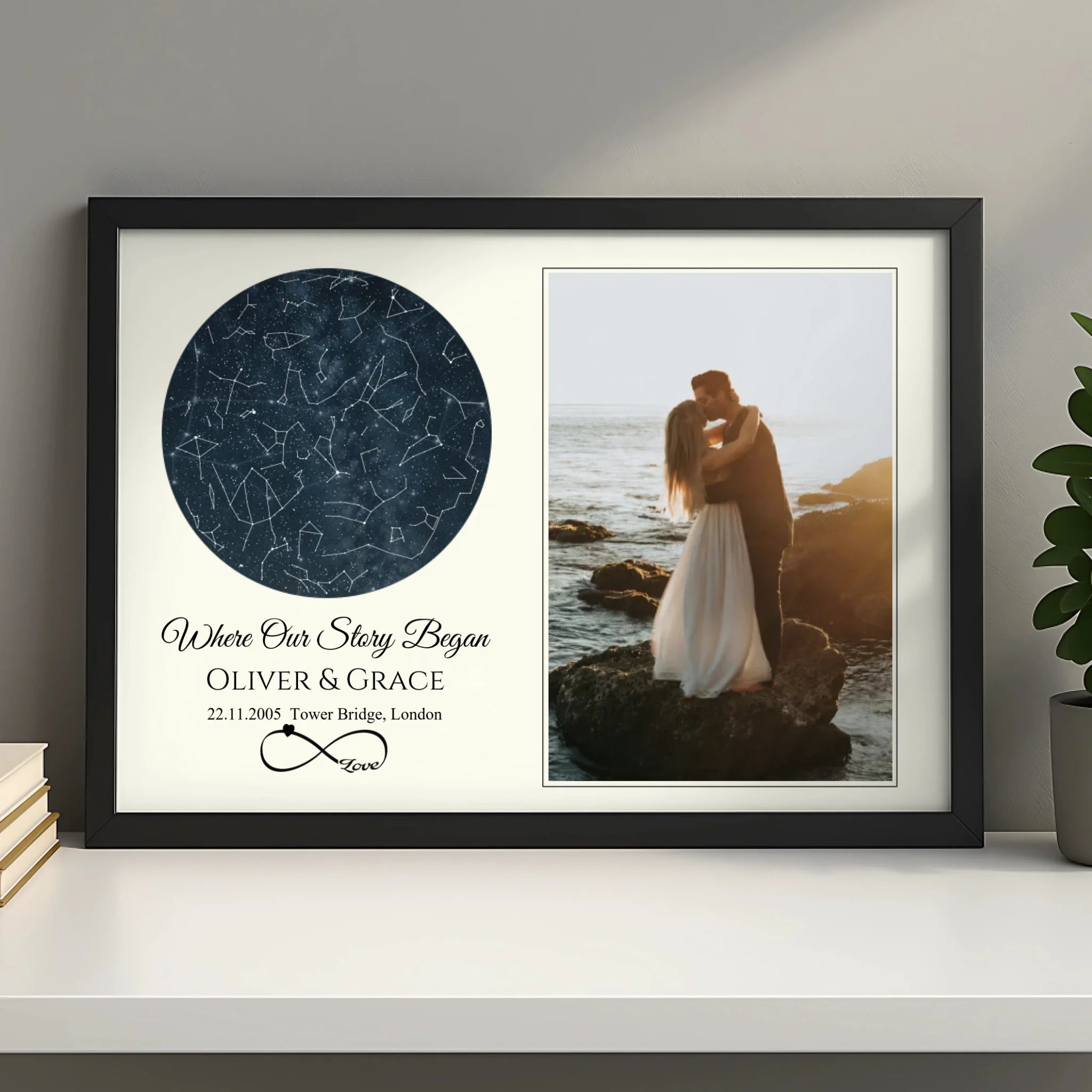 Personalised photo frame gift with star map design, names and date printed on quality paper