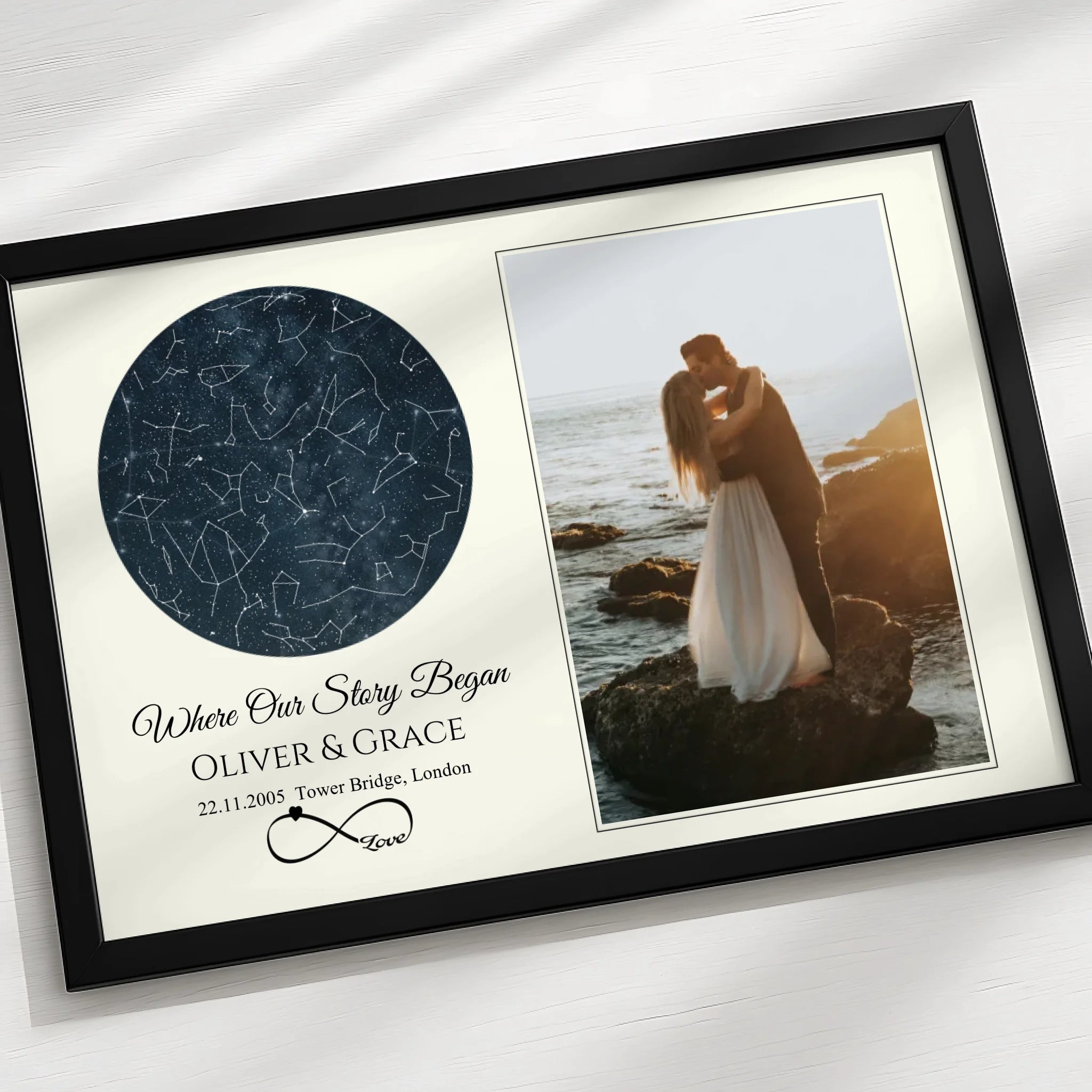 A4 personalised star map and photo print with custom text in a grey frame