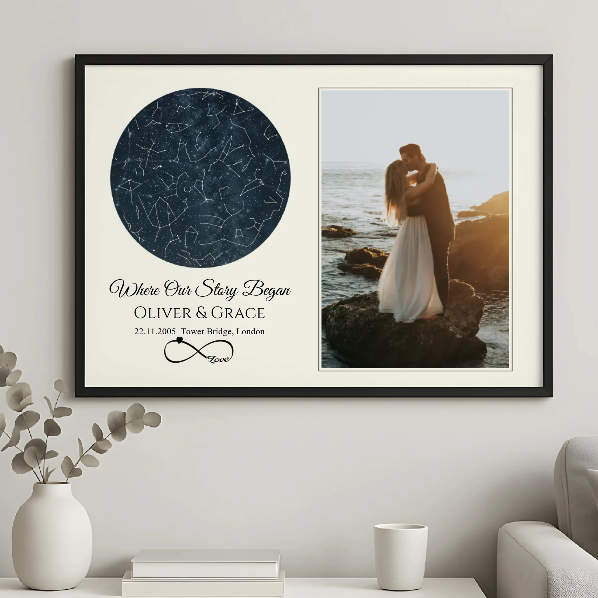 Custom night sky photo print with names and location in a wooden A3 frame