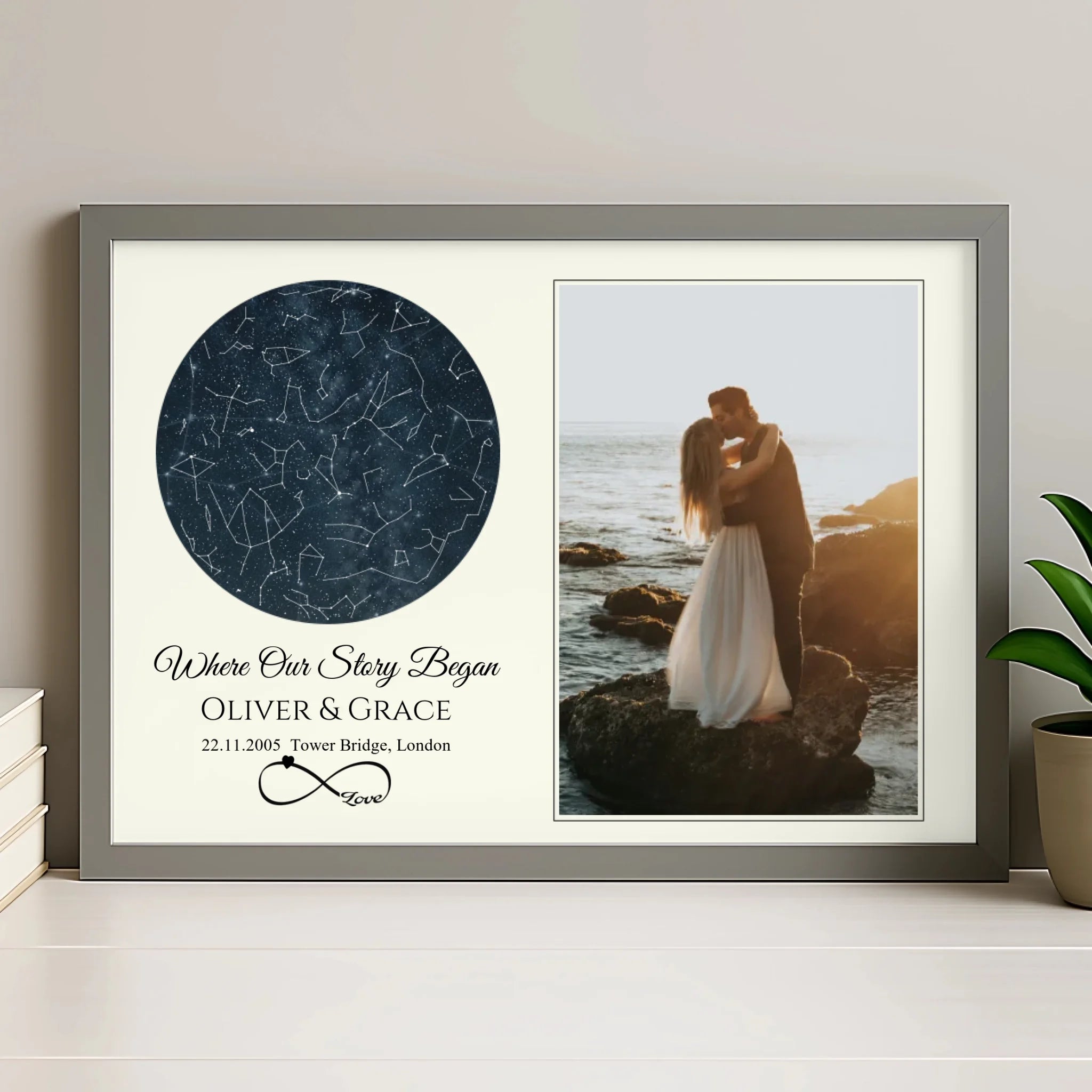 Personalised star map print in a grey frame showing a couple's special date and location
