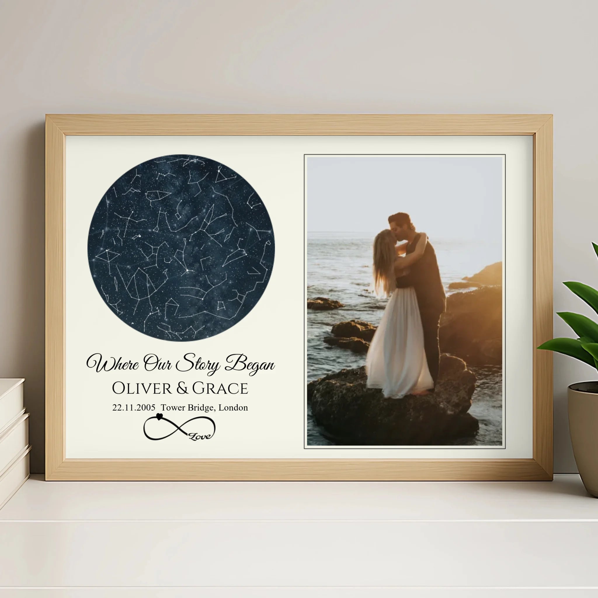 Custom photo and star map print in a white frame with personalised names and date