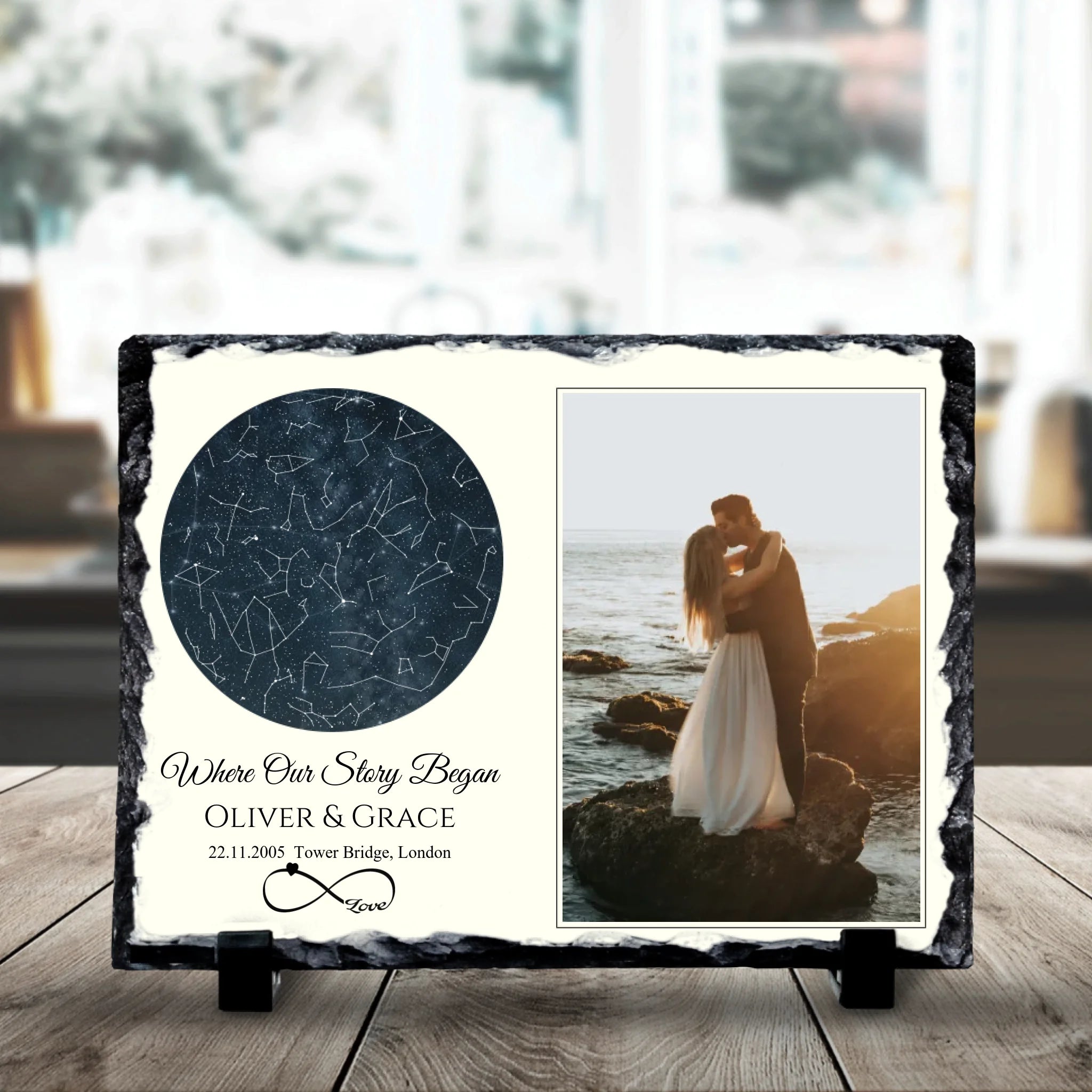 Close-up of a personalised photo slate showing custom star map design on natural slate