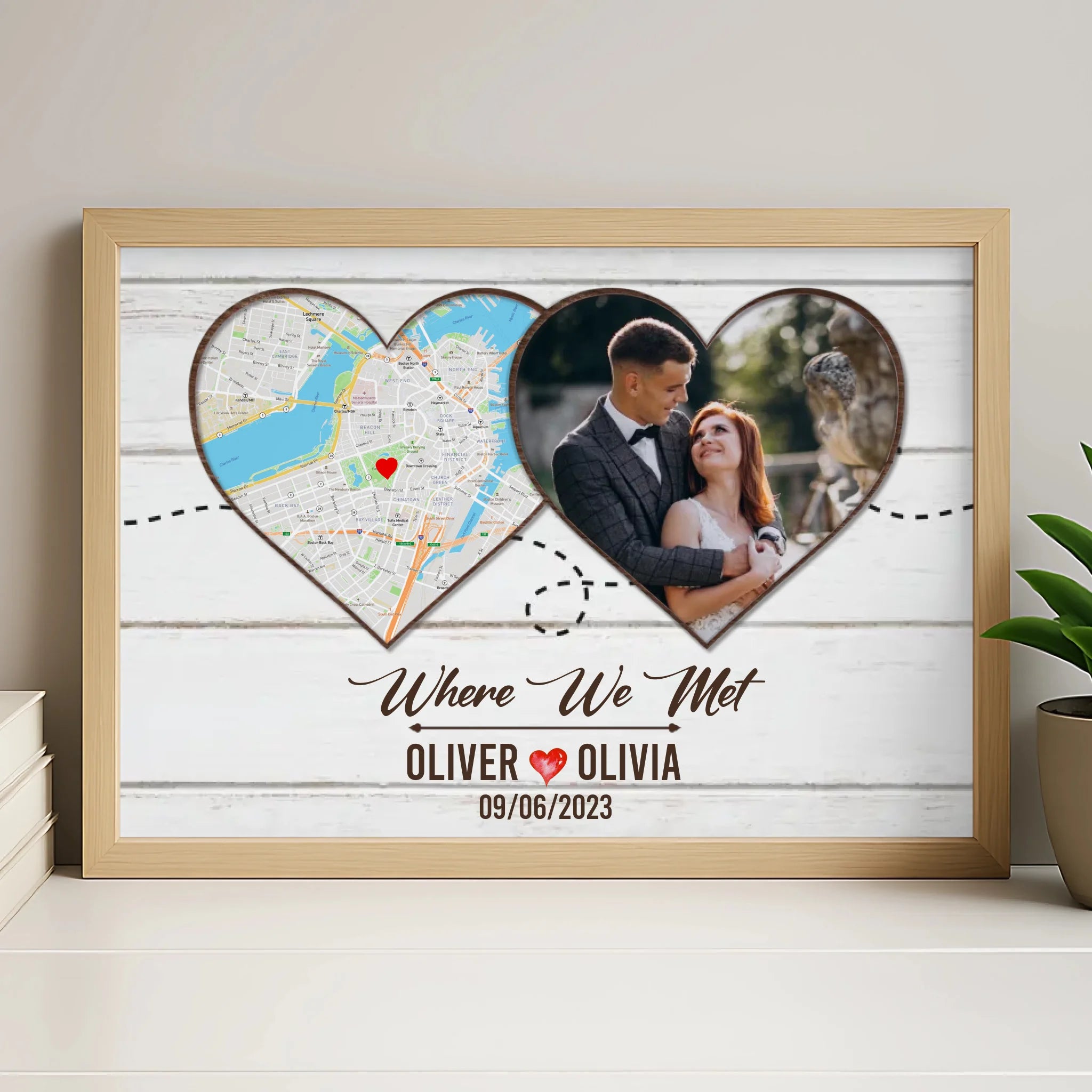 White framed custom photo and map print personalised with couple's names