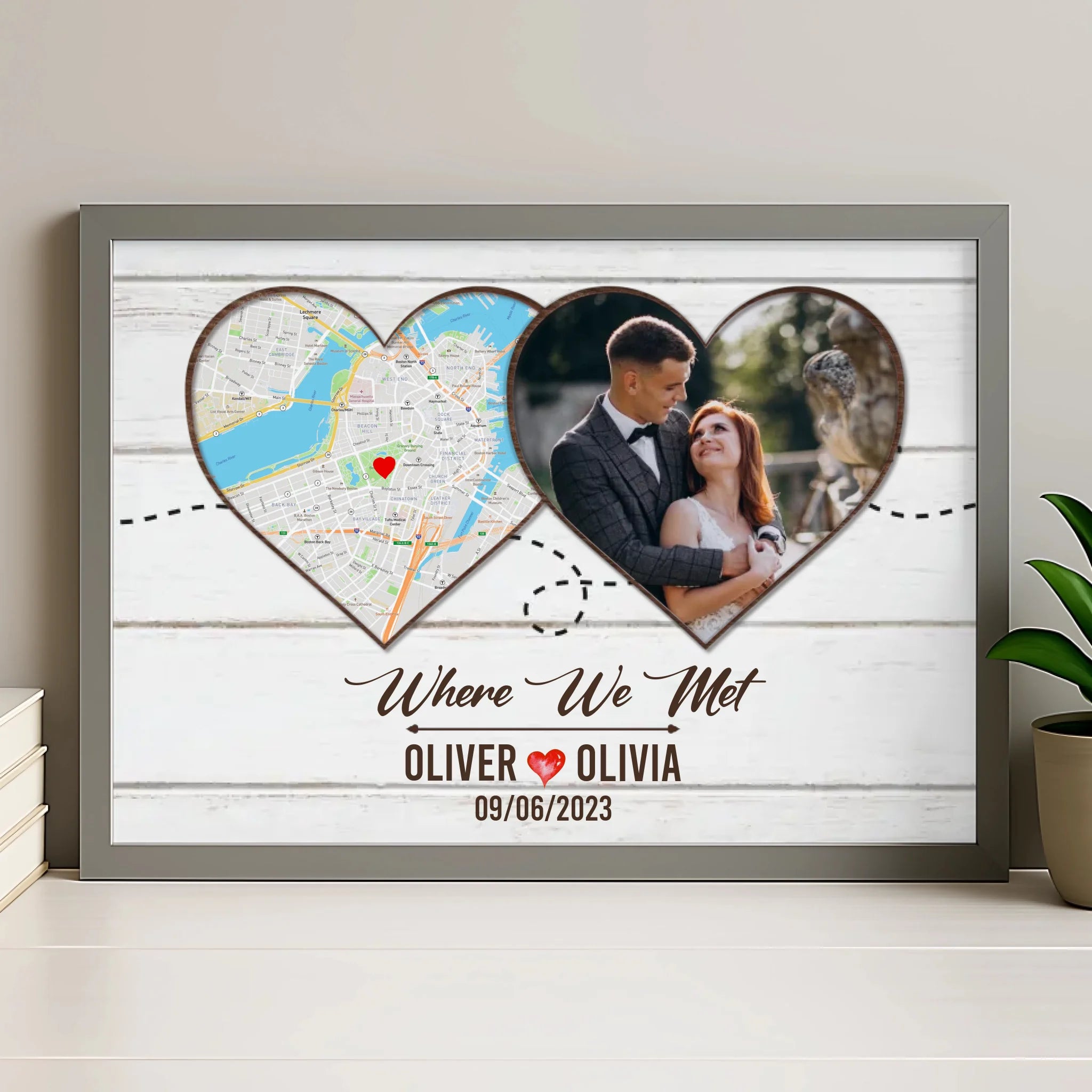 Grey framed personalised map and photo print with names and date