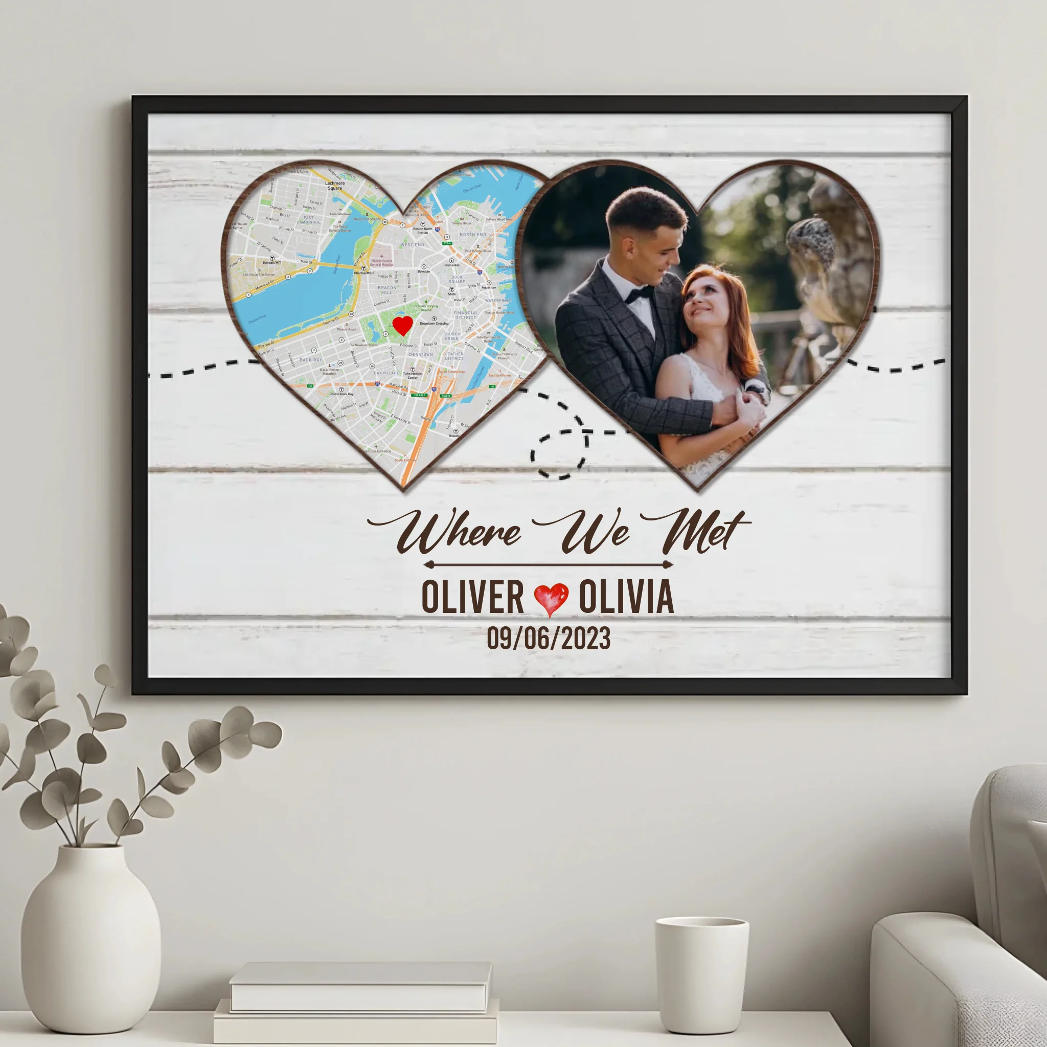 Personalised anniversary photo frame with location map and couple's names