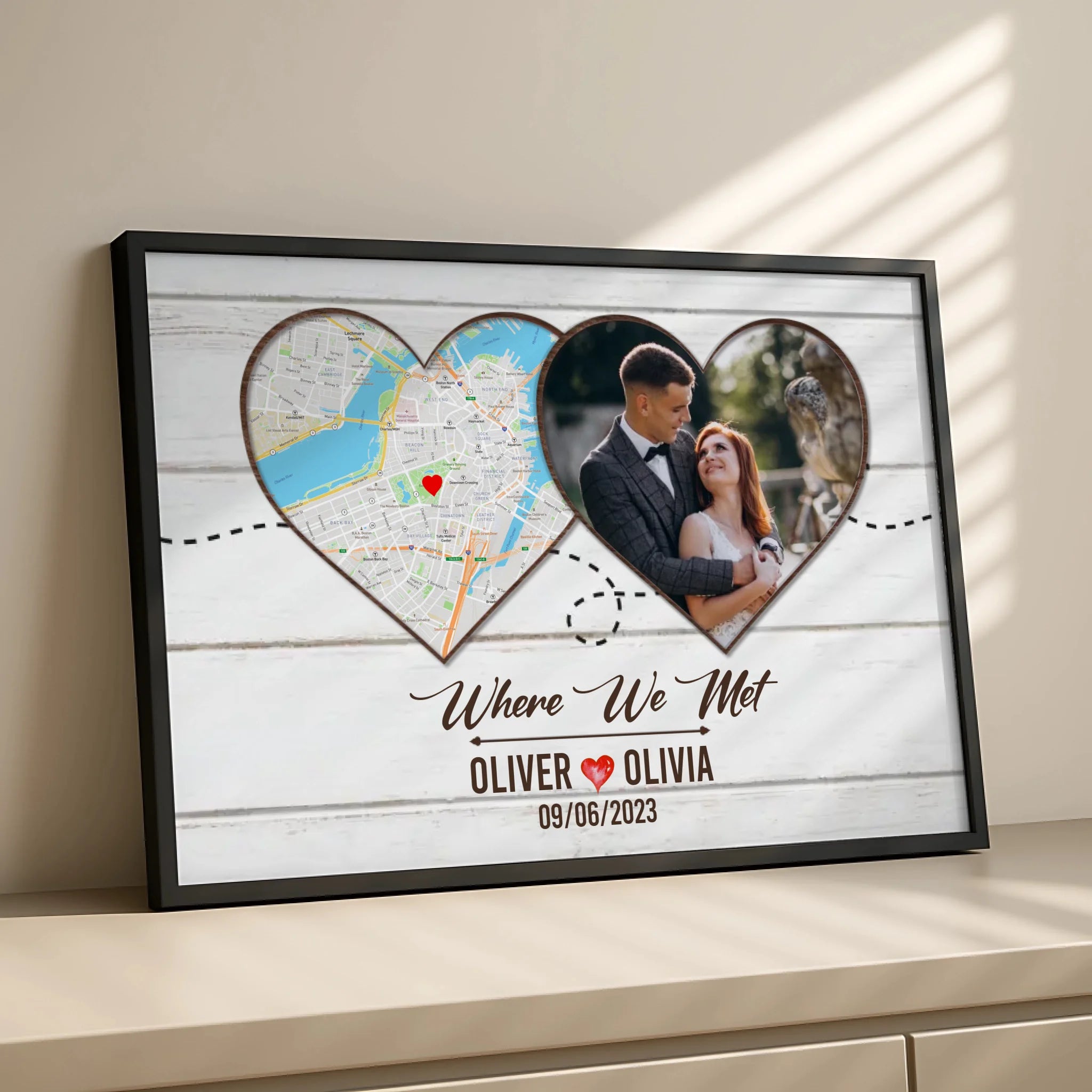 Personalised couple's wall art with photo and map in a light wood frame