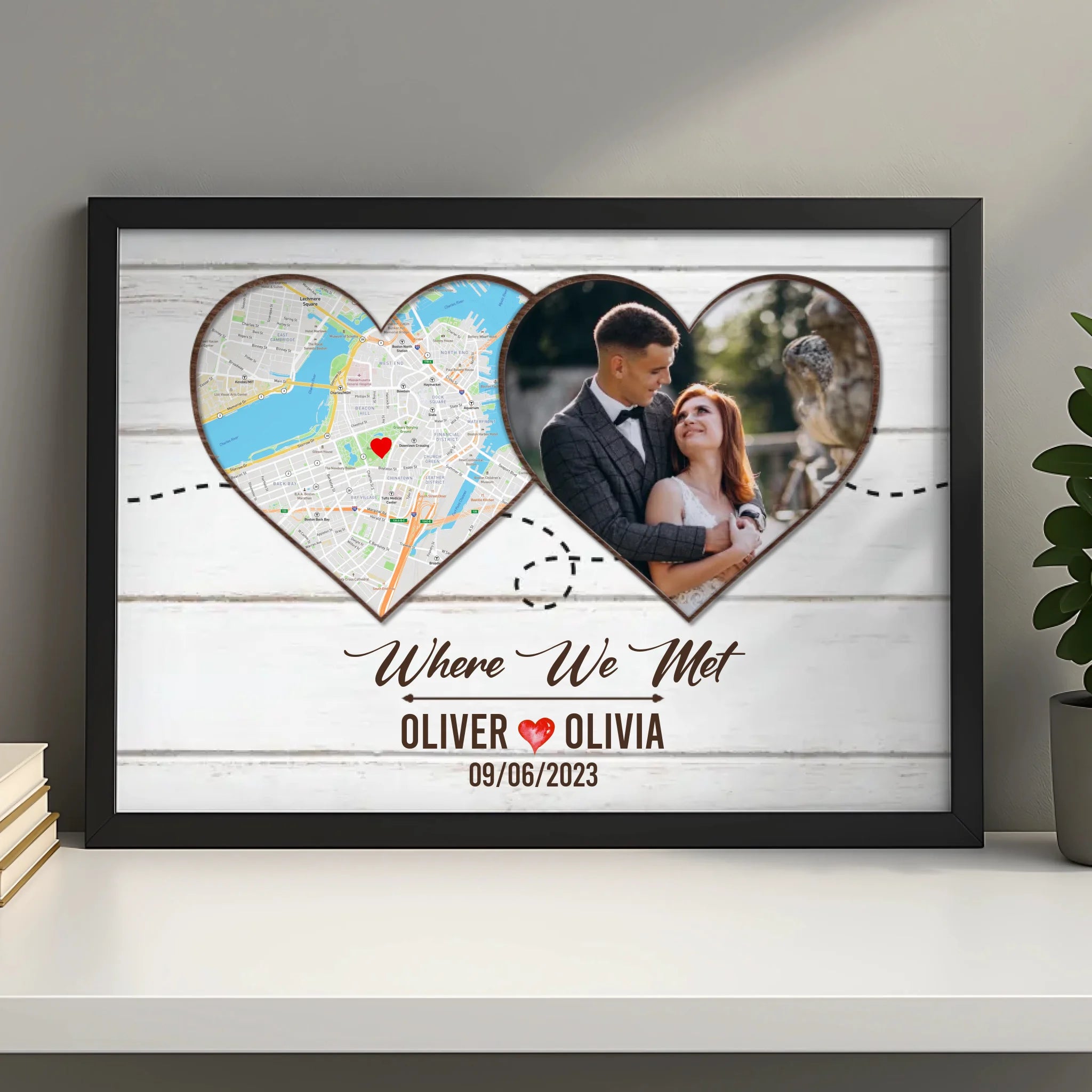 Personalised photo frame gift for couples with map, names and date printed in A3